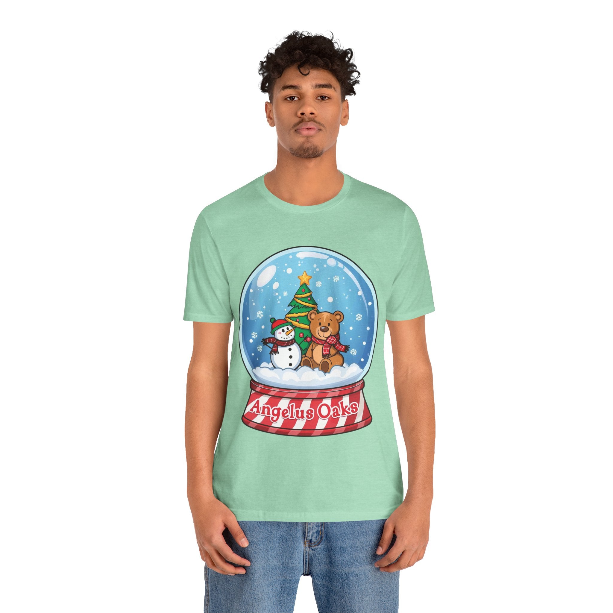 Angelus Oaks Christmas Shirt – Snow Globe Bear & Snowman Holiday Tee | Cute Mountain Town Christmas Shirt | Bella Canvas 3001