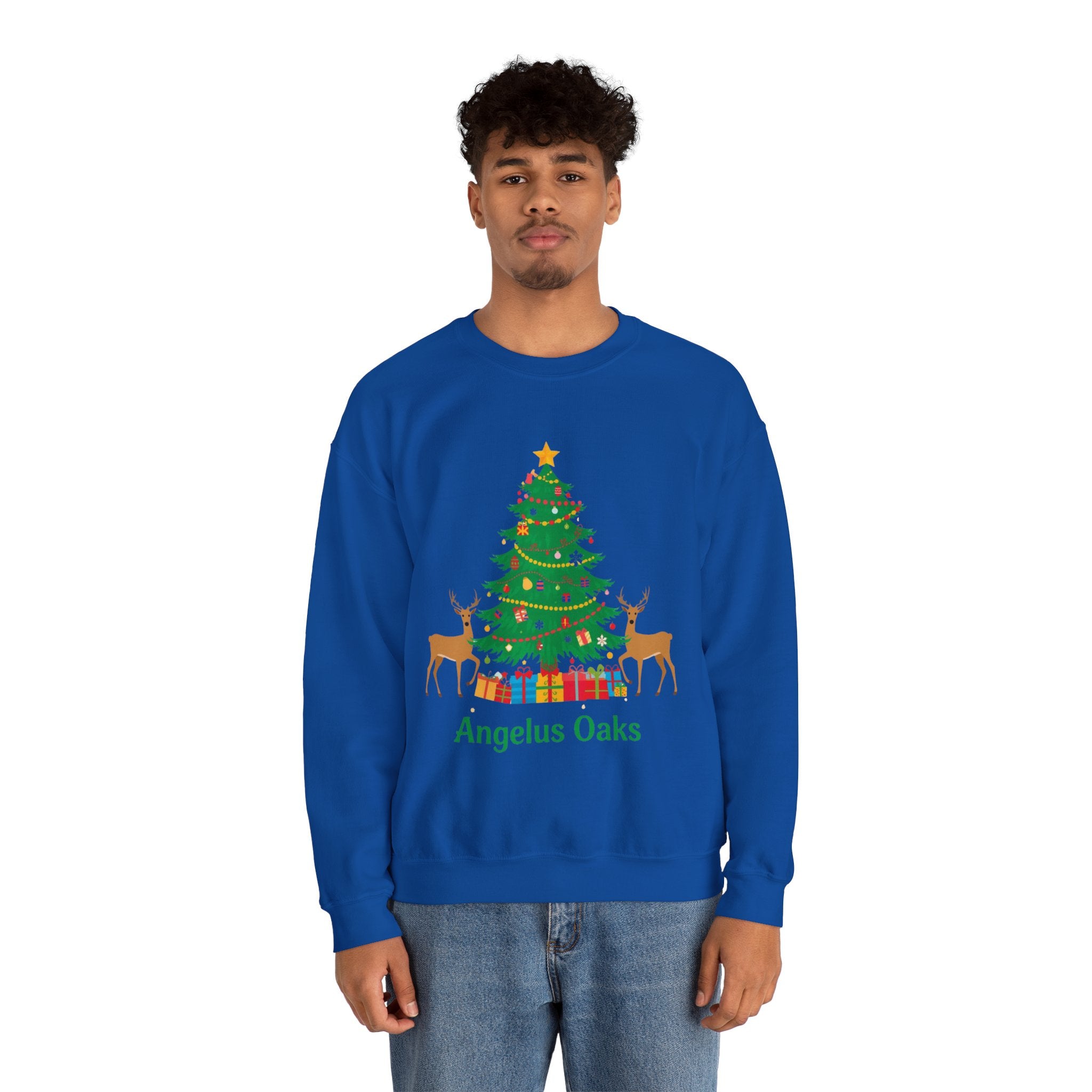 Angelus Oaks Christmas Sweatshirt – Christmas Tree & Deer Holiday Crewneck | Mountain Town Christmas Sweater | Gildan 18000