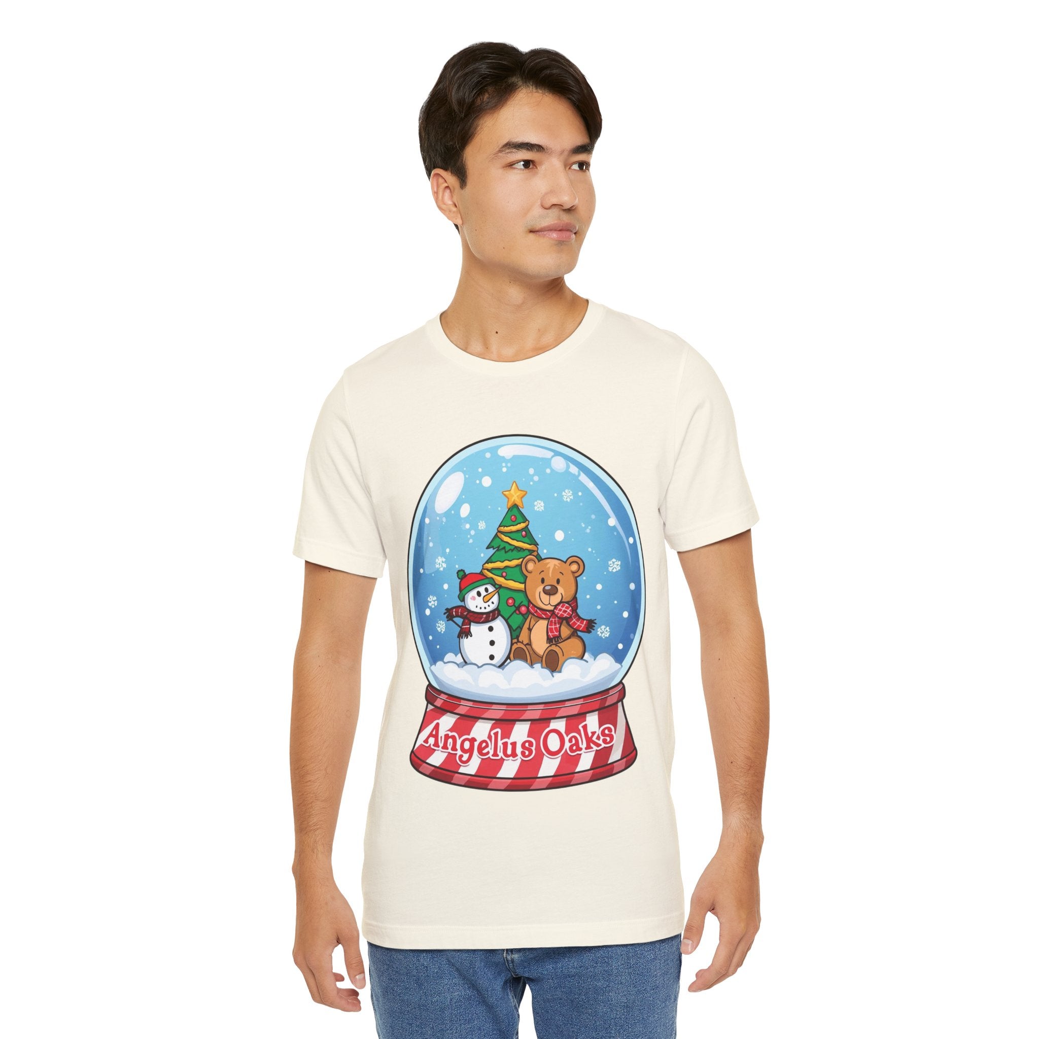 Angelus Oaks Christmas Shirt – Snow Globe Bear & Snowman Holiday Tee | Cute Mountain Town Christmas Shirt | Bella Canvas 3001
