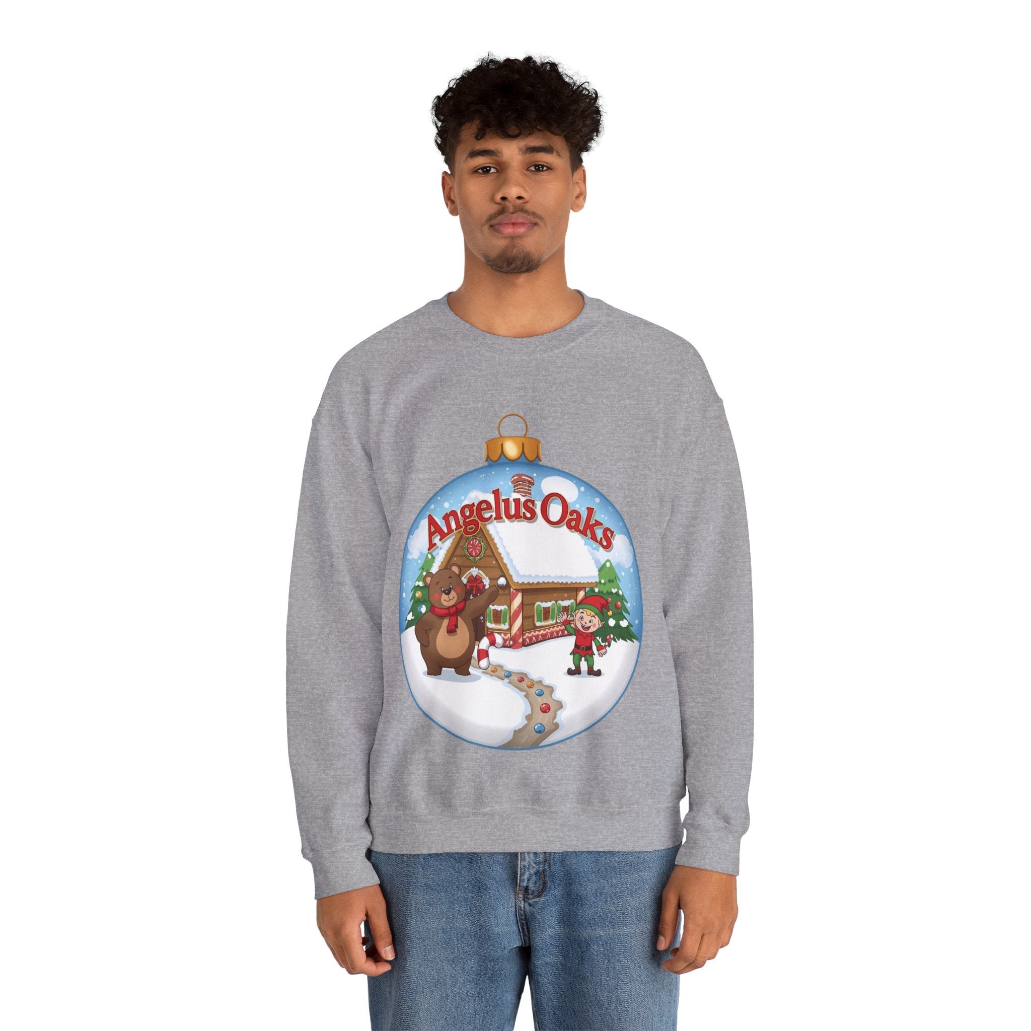 Angelus Oaks Christmas Sweatshirt – Bear & Elf Gingerbread Holiday Crewneck | Cute Mountain Town Christmas Sweater | Gildan 18000