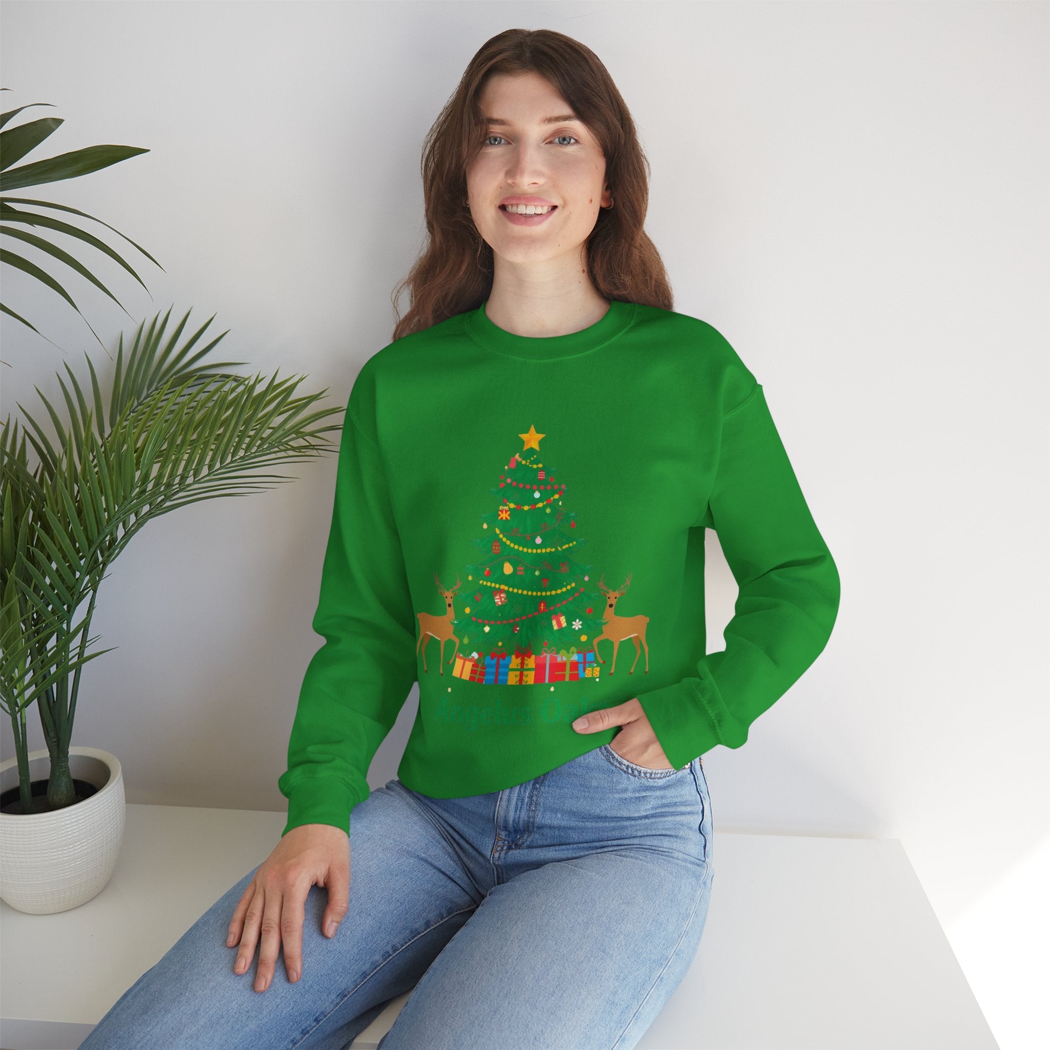 Angelus Oaks Christmas Sweatshirt – Christmas Tree & Deer Holiday Crewneck | Mountain Town Christmas Sweater | Gildan 18000