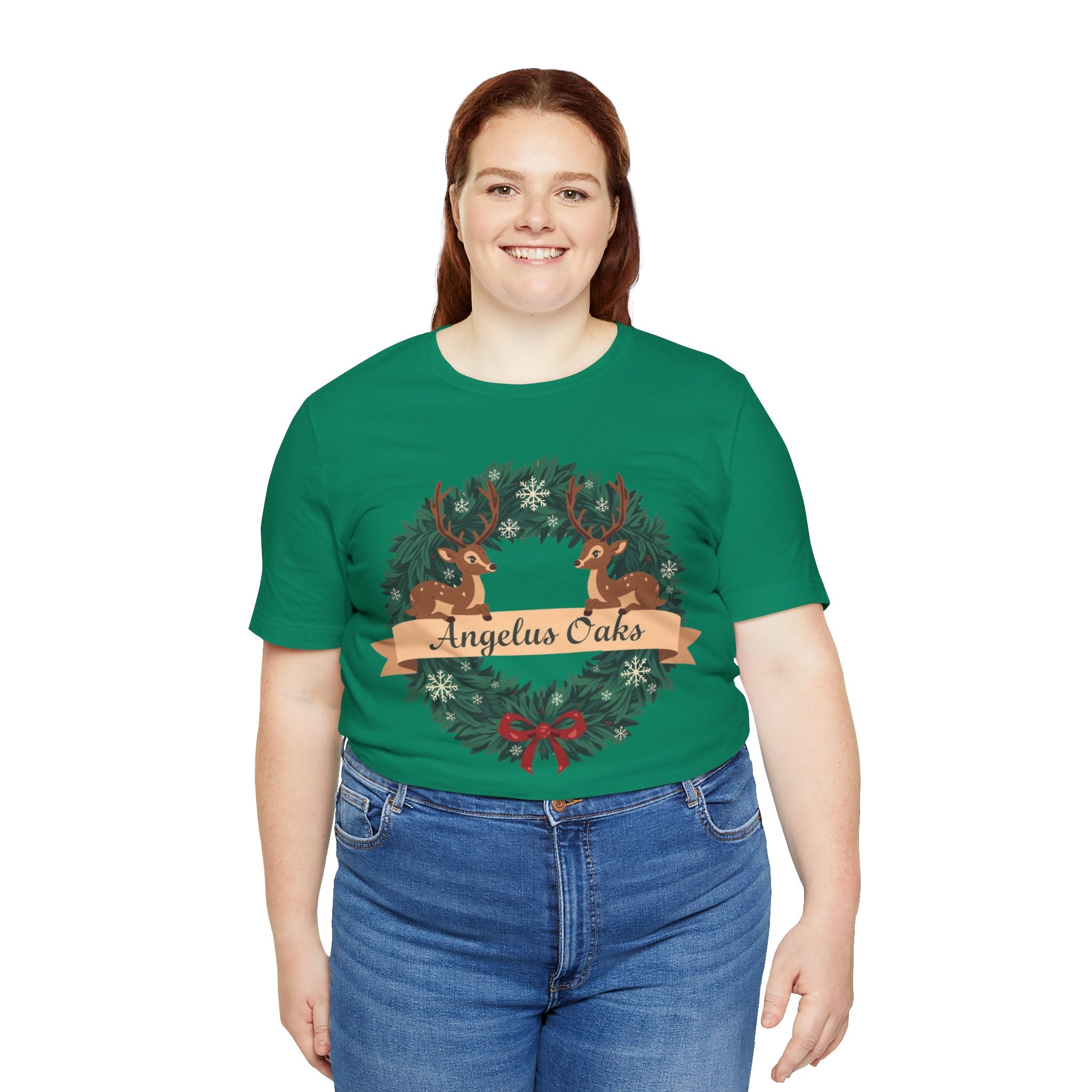 Angelus Oaks Christmas Shirt – Deer Wreath Holiday Tee | Mountain Town Christmas Shirt | Bella Canvas 3001