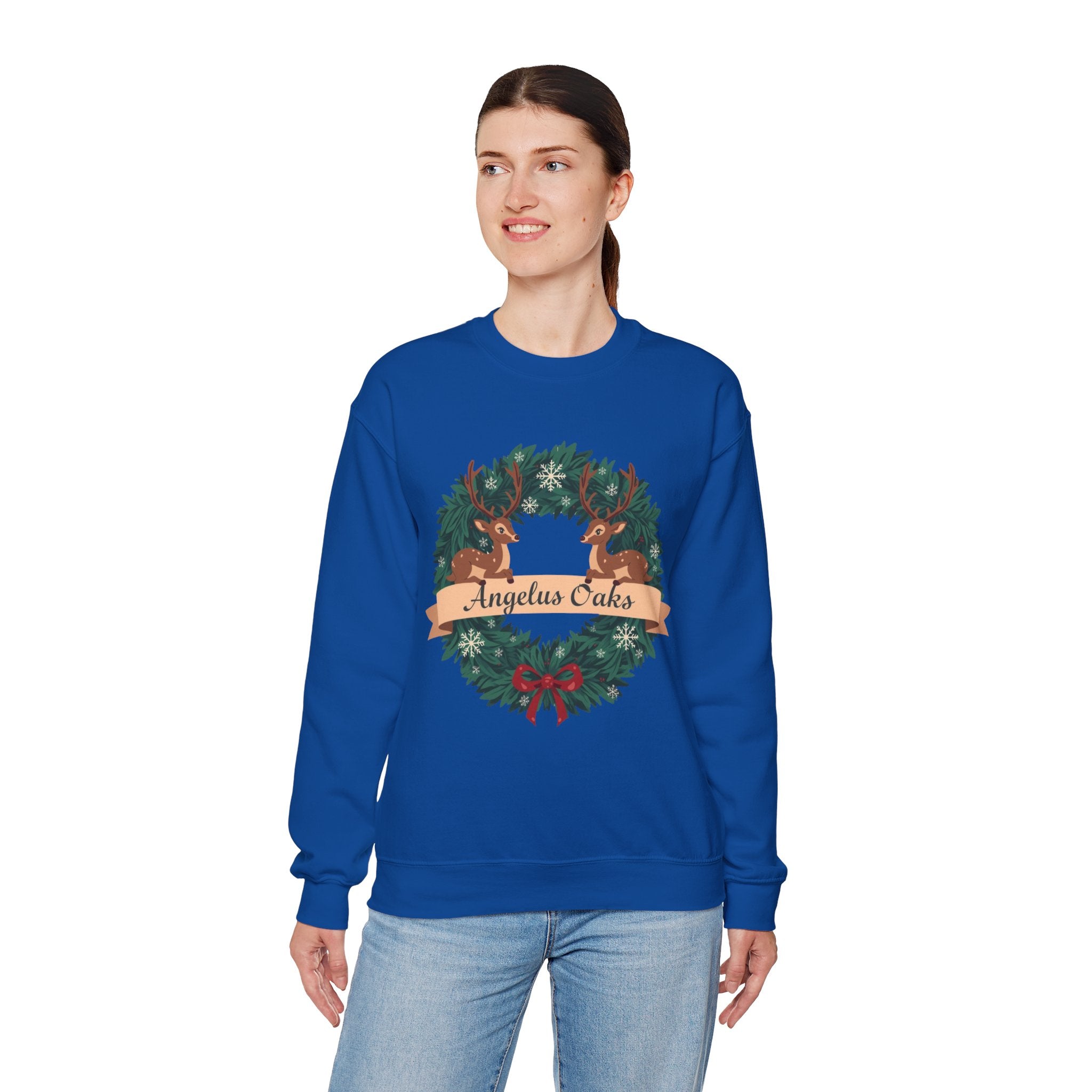 Angelus Oaks Christmas Sweatshirt – Deer Wreath Holiday Crewneck | Cozy Mountain Town Christmas Sweater | Gildan 18000