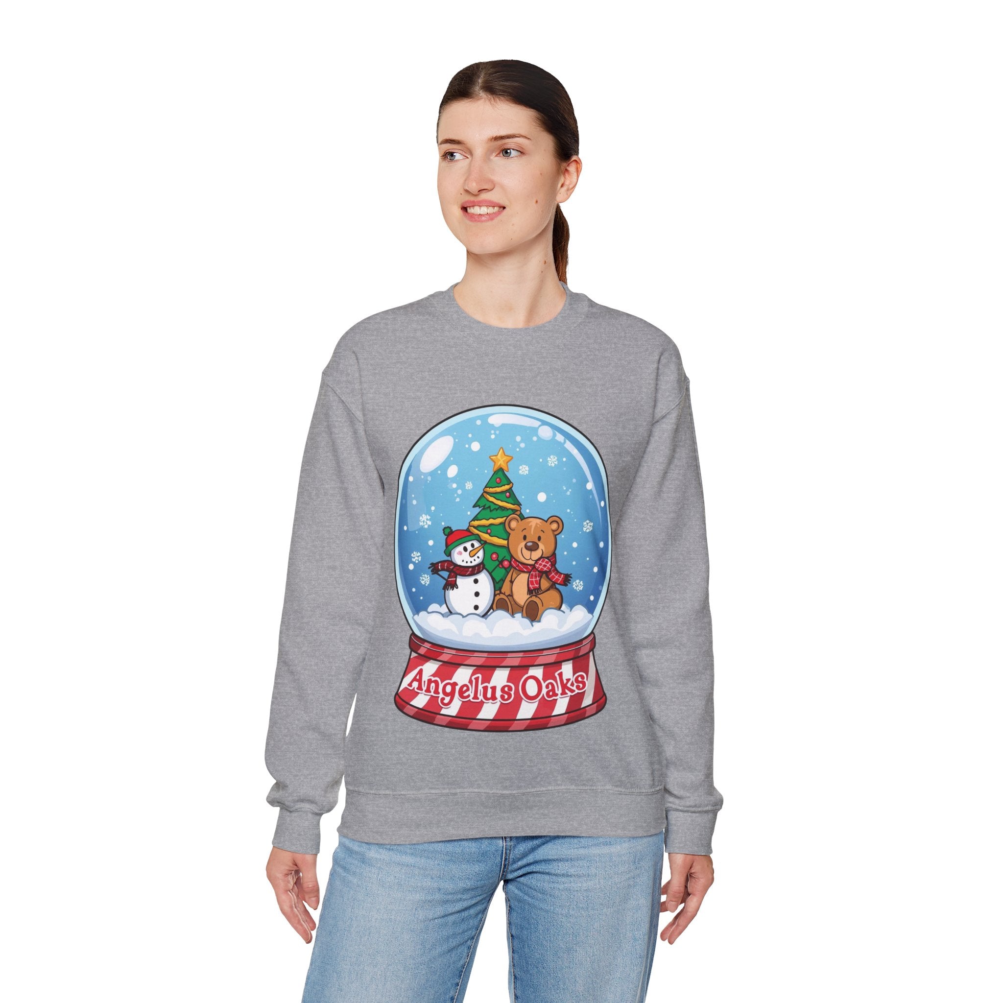 Angelus Oaks Christmas Sweatshirt – Snow Globe Bear & Snowman Crewneck | Cozy Mountain Town Holiday Sweater | Gildan 18000