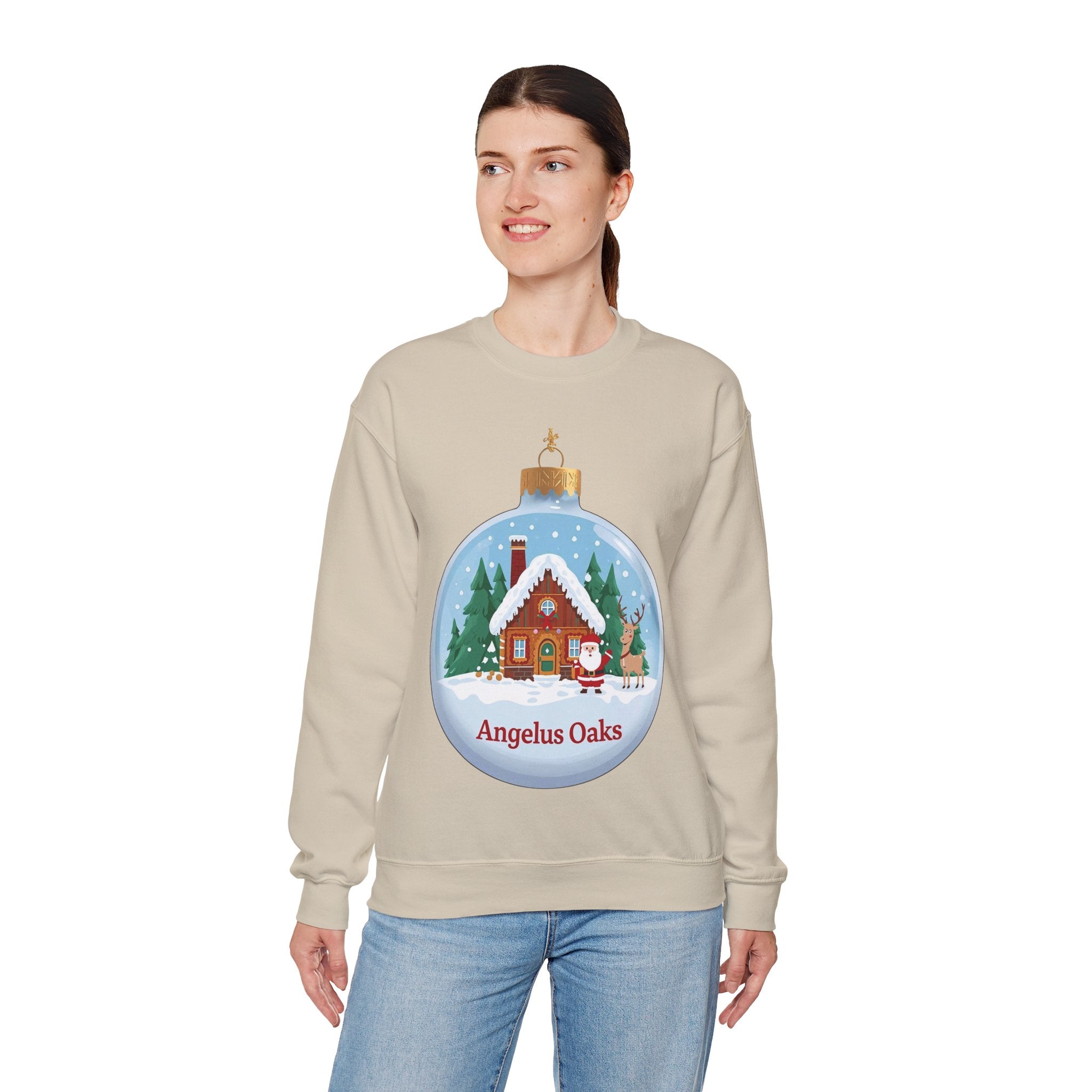 Angelus Oaks Christmas Sweatshirt – Santa & Reindeer Cabin Ornament Crewneck | Mountain Town Holiday Sweater | Gildan 18000