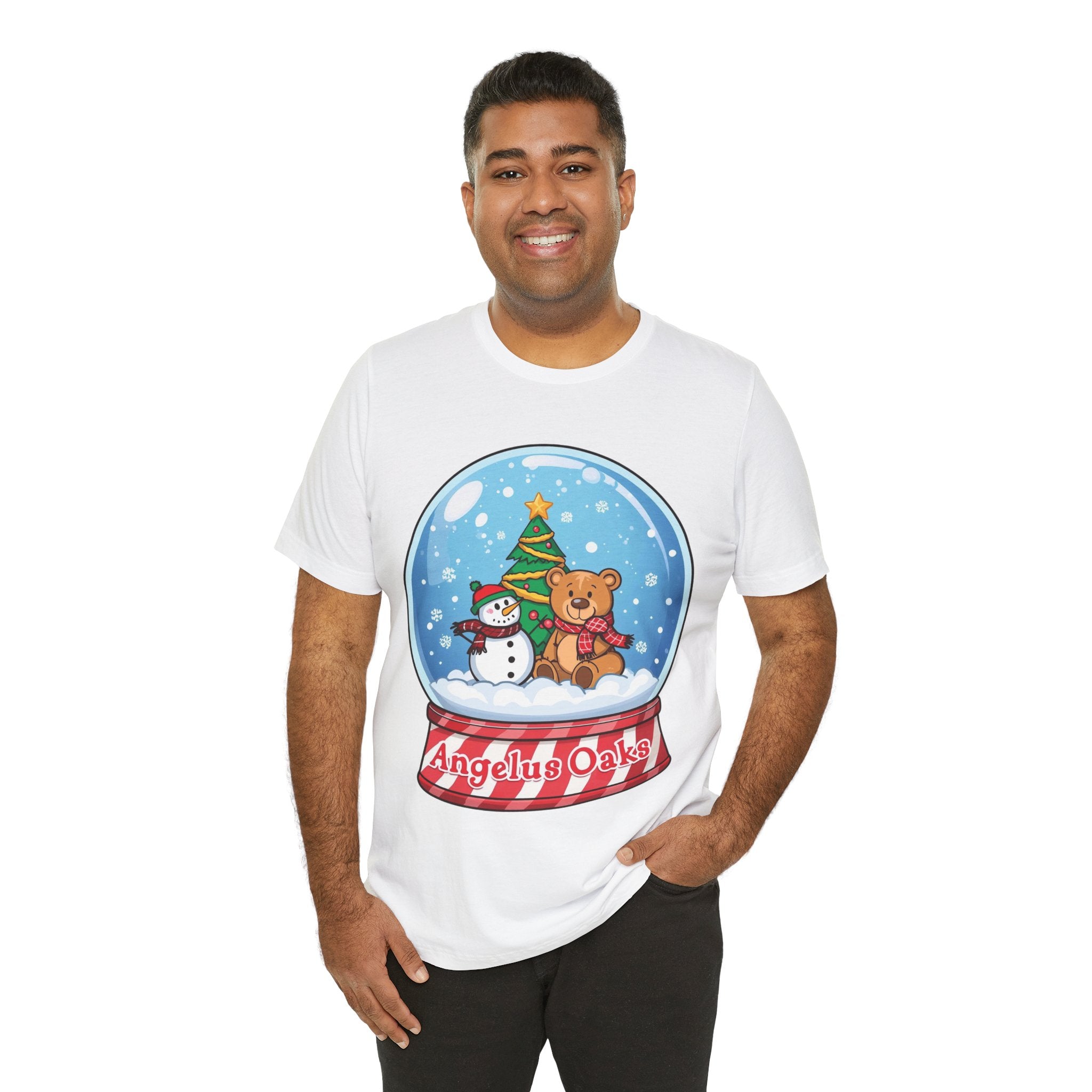 Angelus Oaks Christmas Shirt – Snow Globe Bear & Snowman Holiday Tee | Cute Mountain Town Christmas Shirt | Bella Canvas 3001