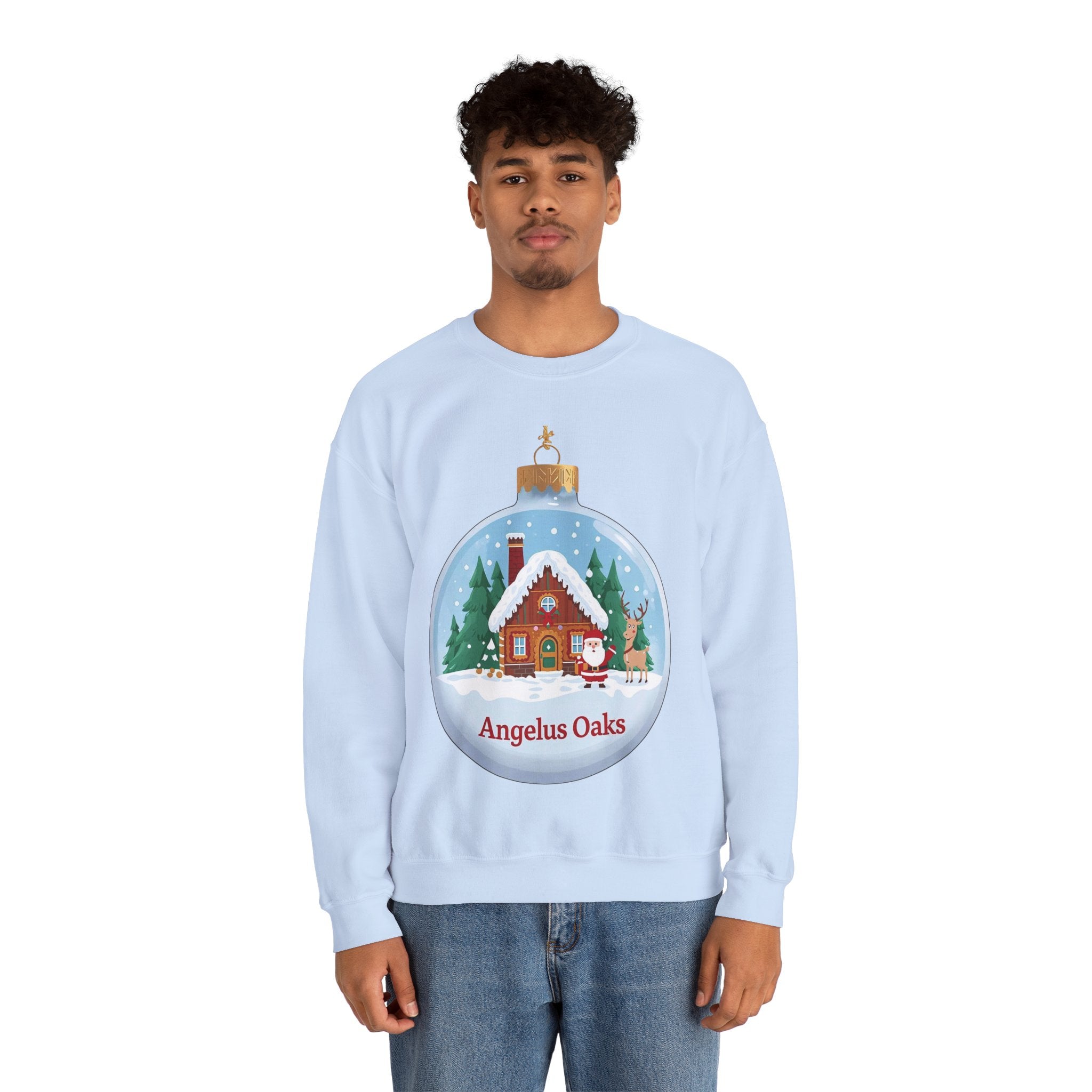 Angelus Oaks Christmas Sweatshirt – Santa & Reindeer Cabin Ornament Crewneck | Mountain Town Holiday Sweater | Gildan 18000