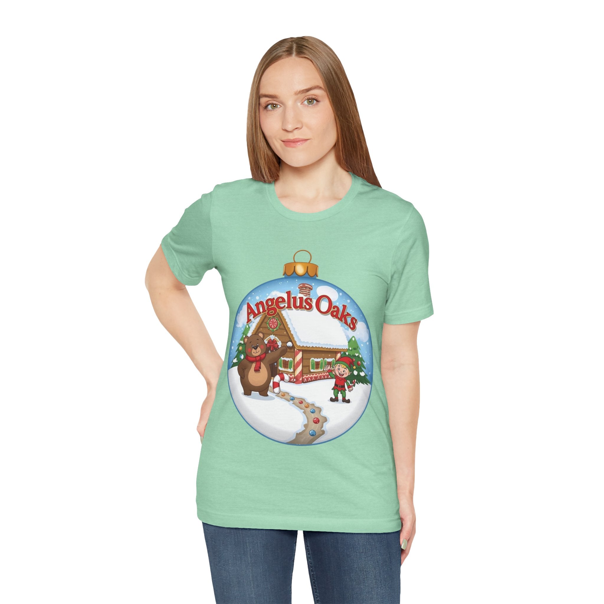 Angelus Oaks Christmas Shirt – Bear & Elf Gingerbread Holiday Tee | Cute Mountain Town Christmas Shirt | Bella Canvas 3001
