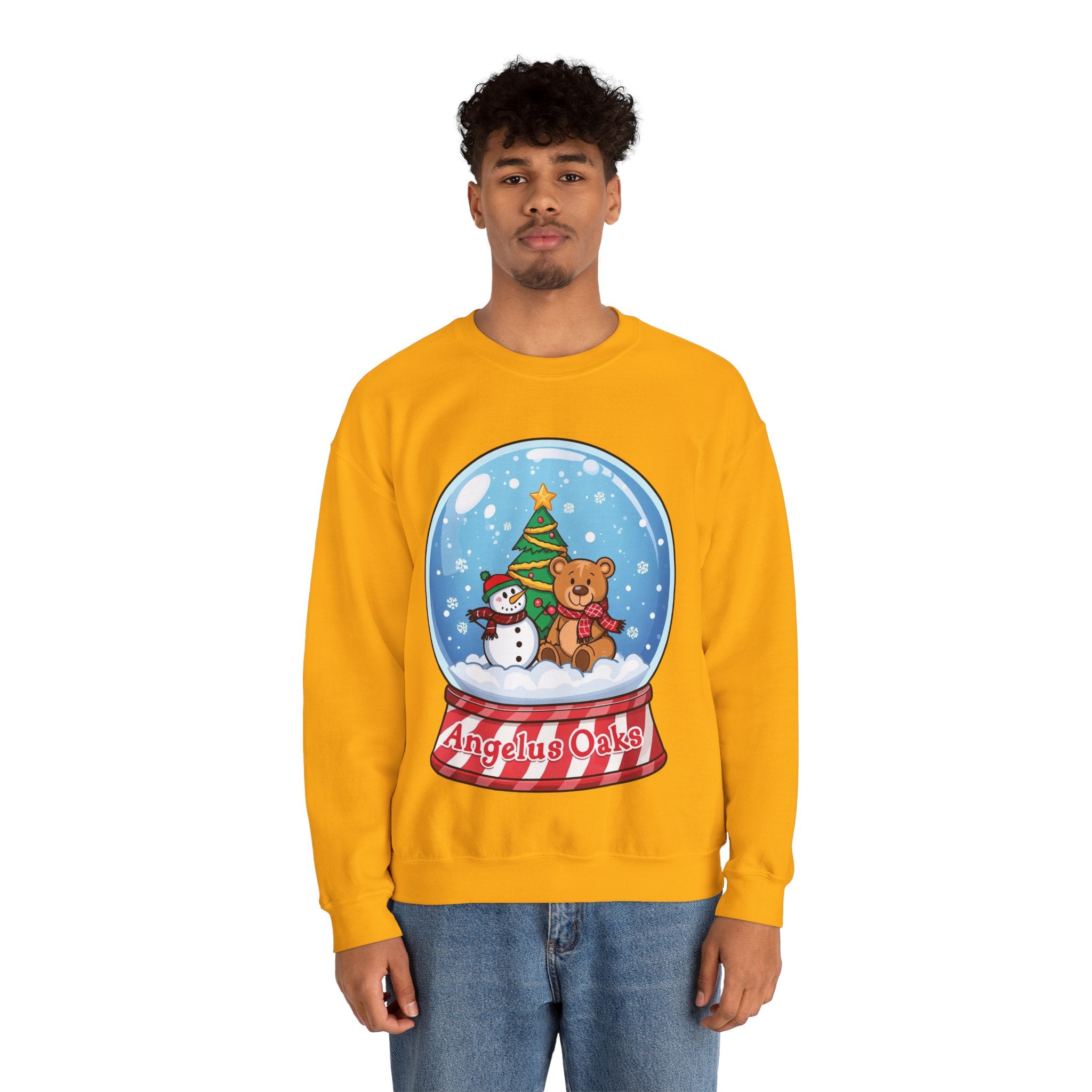 Angelus Oaks Christmas Sweatshirt – Snow Globe Bear & Snowman Crewneck | Cozy Mountain Town Holiday Sweater | Gildan 18000