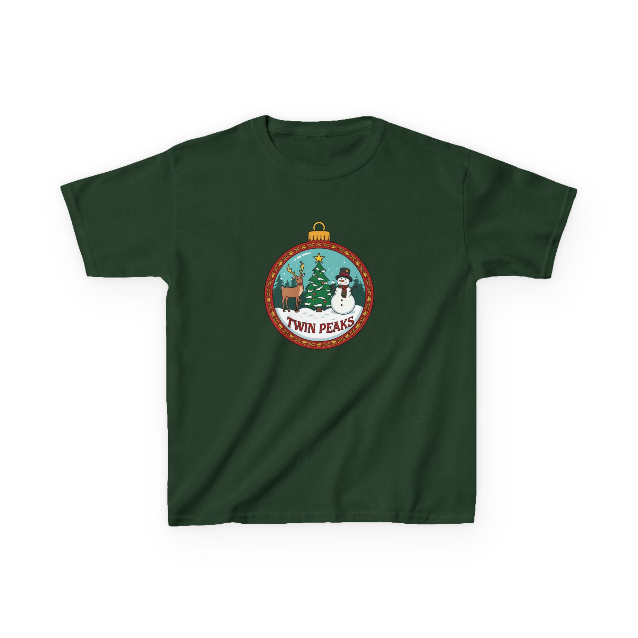 Twin Peaks Christmas Shirt – Snowman & Deer Ornament Scene Tee | Mountain Town Christmas Gift | Gildan 5000B