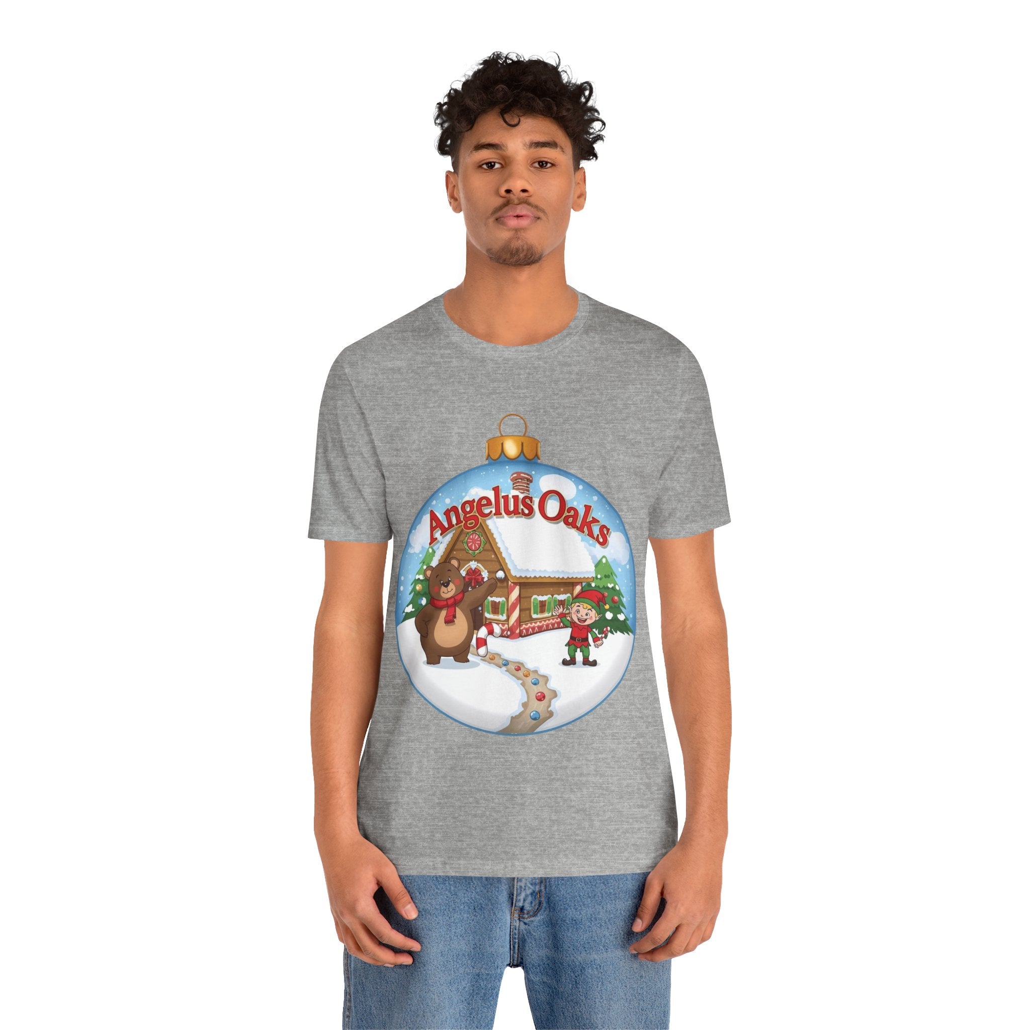 Angelus Oaks Christmas Shirt – Bear & Elf Gingerbread Holiday Tee | Cute Mountain Town Christmas Shirt | Bella Canvas 3001