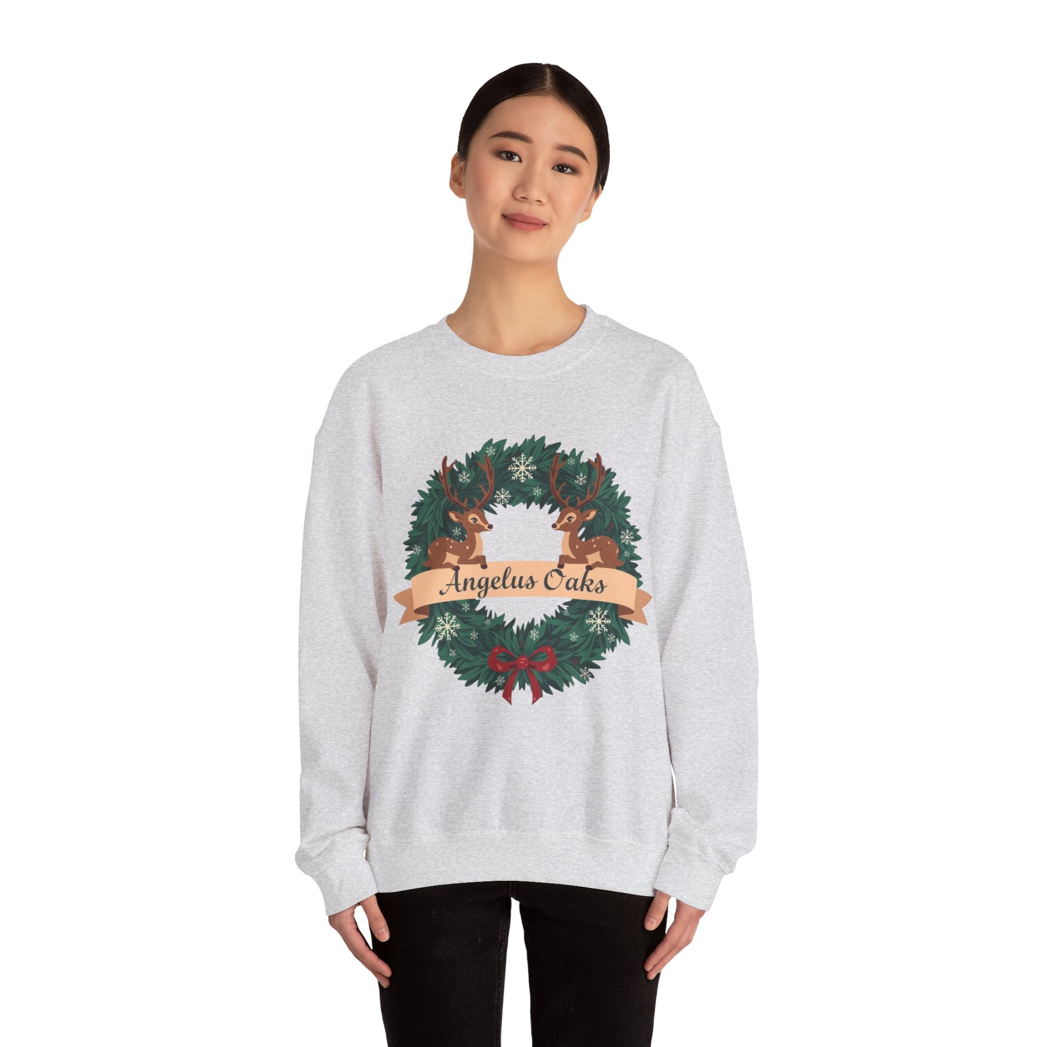 Angelus Oaks Christmas Sweatshirt – Deer Wreath Holiday Crewneck | Cozy Mountain Town Christmas Sweater | Gildan 18000