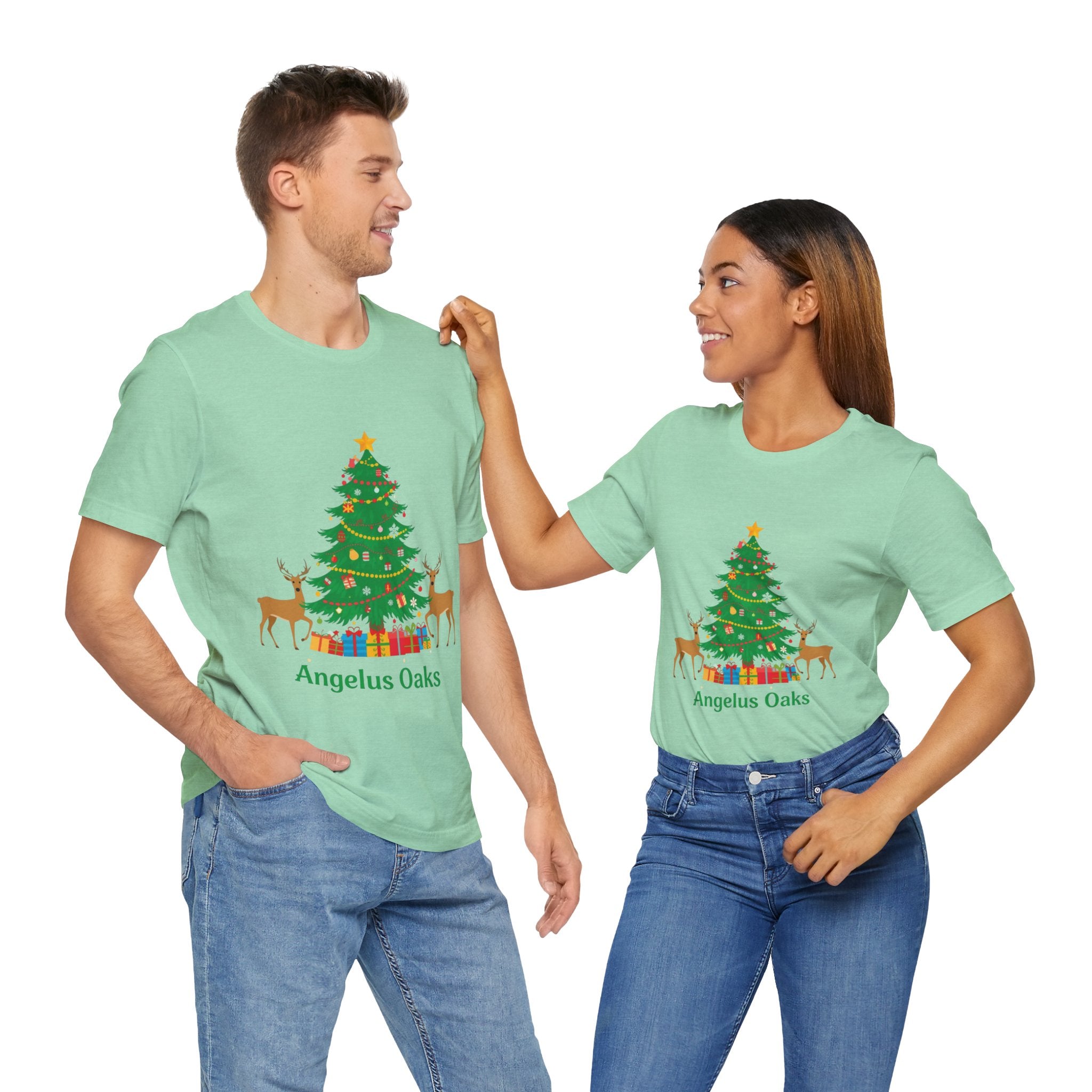 Angelus Oaks Christmas Shirt – Christmas Tree & Deer Holiday Tee | Mountain Town Christmas Shirt | Bella Canvas 3001