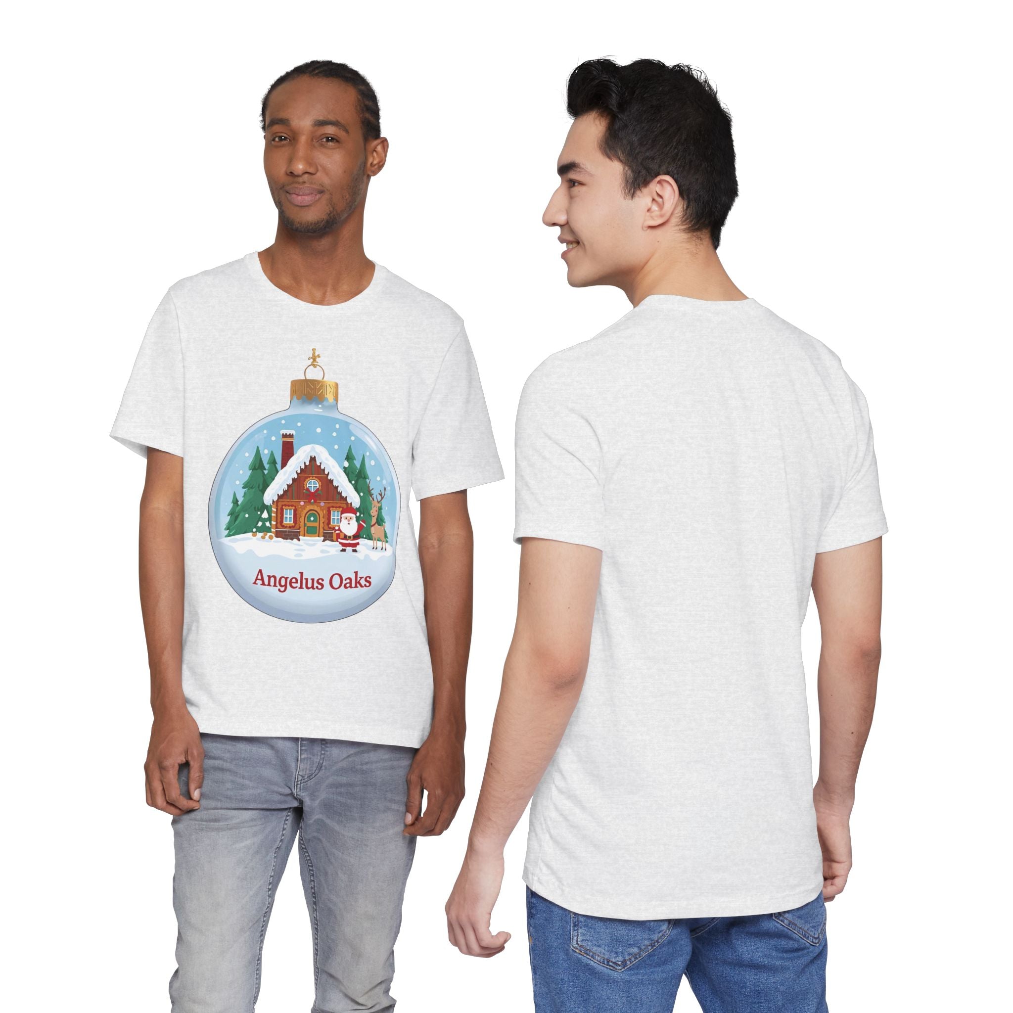 Angelus Oaks Christmas Shirt – Santa & Reindeer Cabin Ornament Tee | Mountain Town Holiday Shirt | Bella Canvas 3001