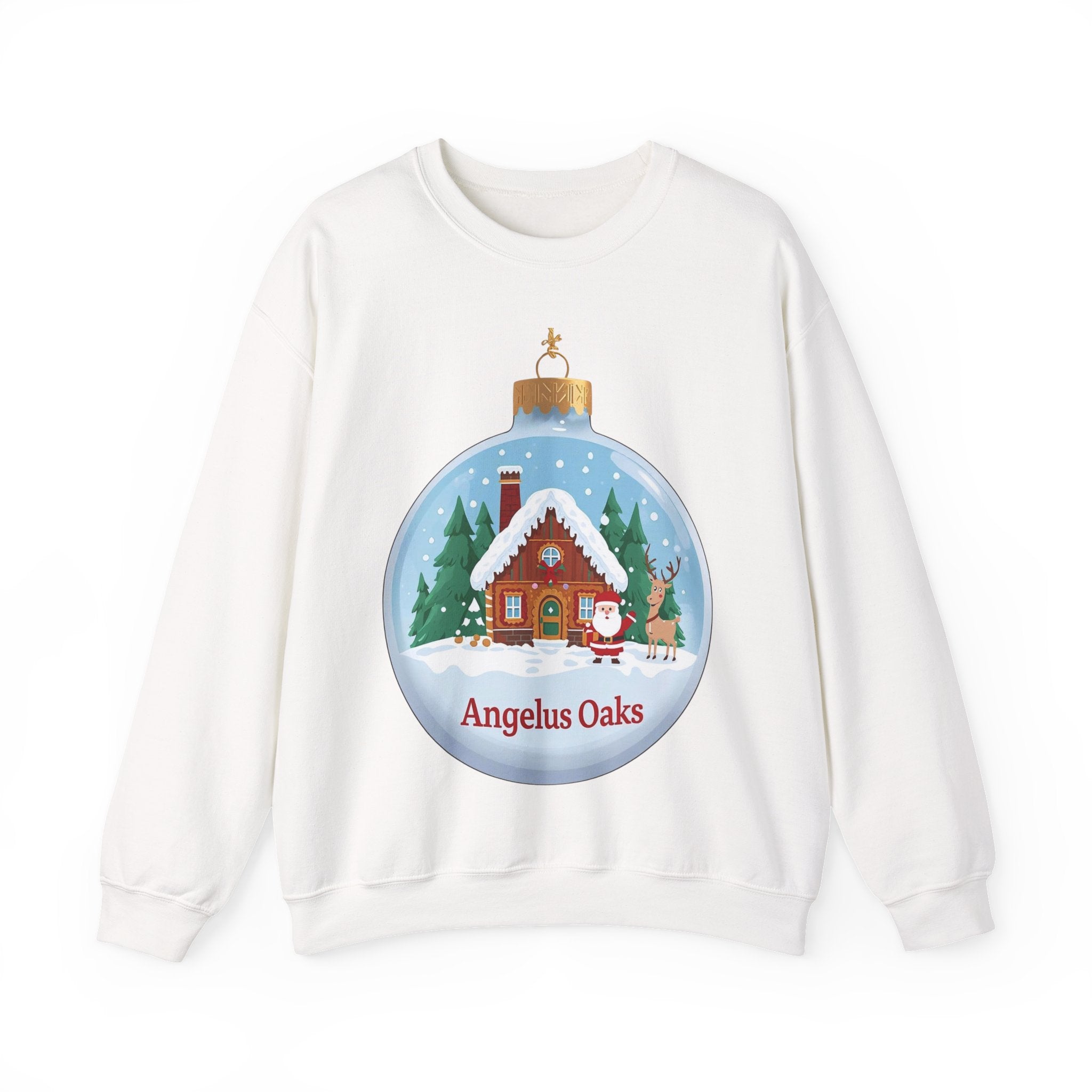Angelus Oaks Christmas Sweatshirt – Santa & Reindeer Cabin Ornament Crewneck | Mountain Town Holiday Sweater | Gildan 18000