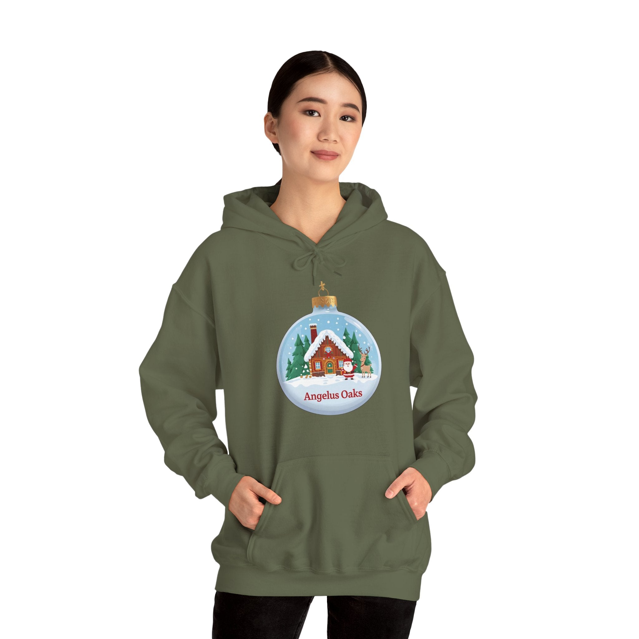 Angelus Oaks Christmas Hoodie – Santa & Reindeer Cabin Ornament Hoodie | Cozy Mountain Town Christmas Sweater | Gildan 18500