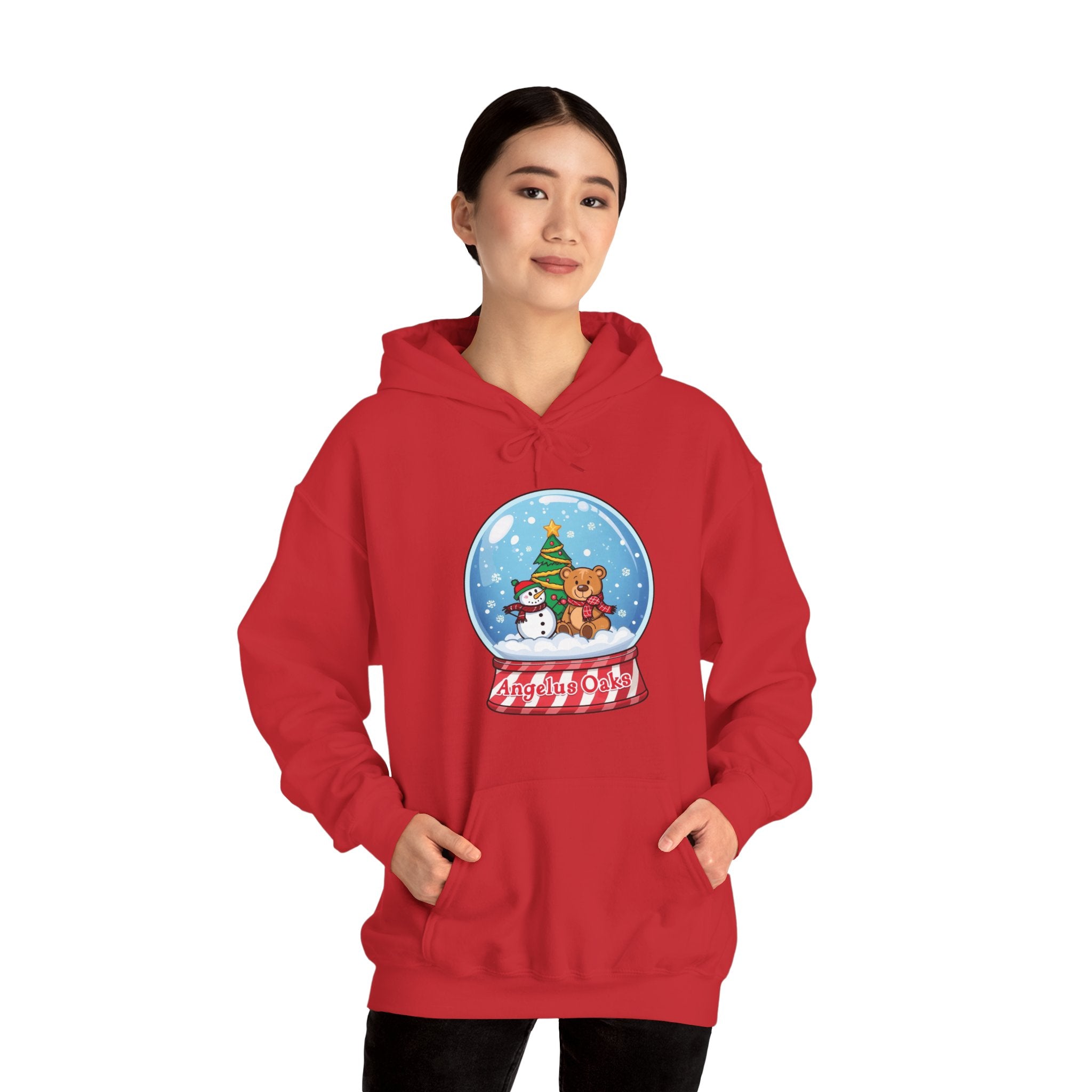 Angelus Oaks Christmas Hoodie – Snow Globe Bear & Snowman Holiday Hoodie | Cozy Mountain Town Christmas Sweater | Gildan 18500