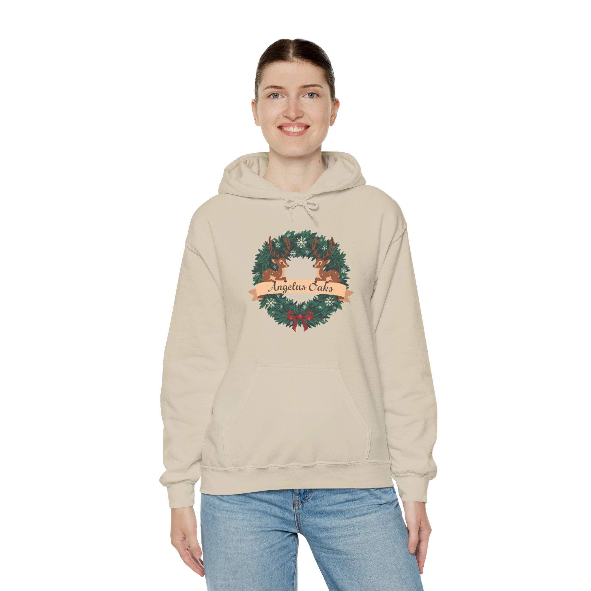 Angelus Oaks Christmas Hoodie – Deer Wreath Holiday Hoodie | Cozy Mountain Town Christmas Sweater | Gildan 18500