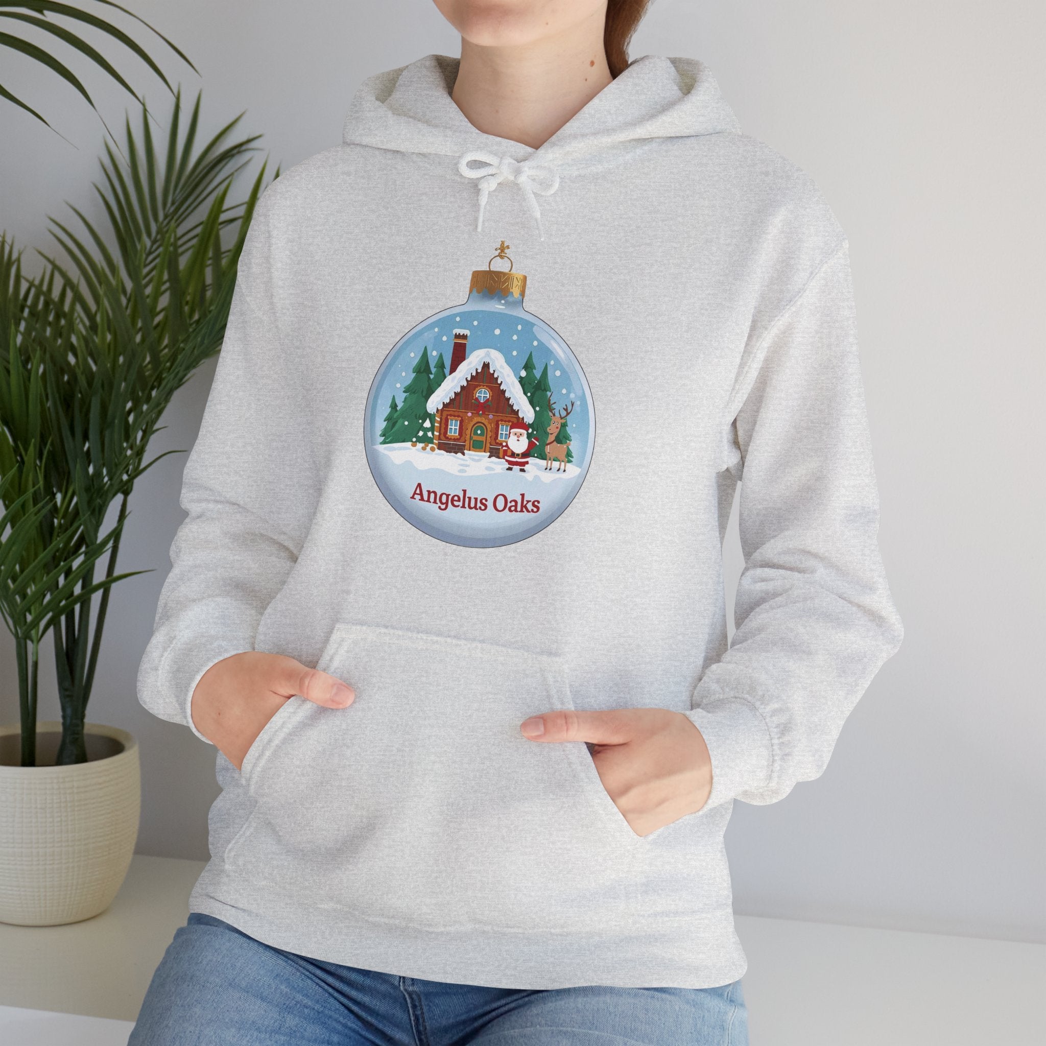 Angelus Oaks Christmas Hoodie – Santa & Reindeer Cabin Ornament Hoodie | Cozy Mountain Town Christmas Sweater | Gildan 18500