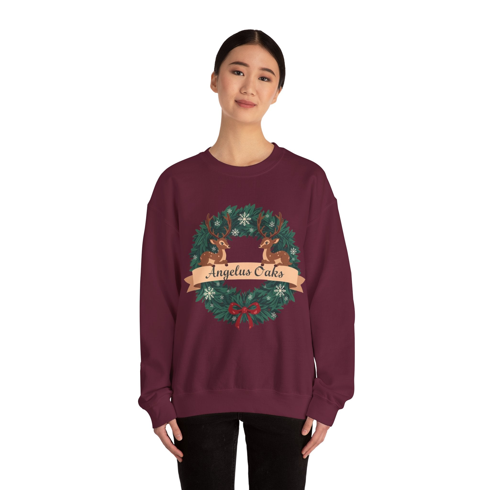 Angelus Oaks Christmas Sweatshirt – Deer Wreath Holiday Crewneck | Cozy Mountain Town Christmas Sweater | Gildan 18000