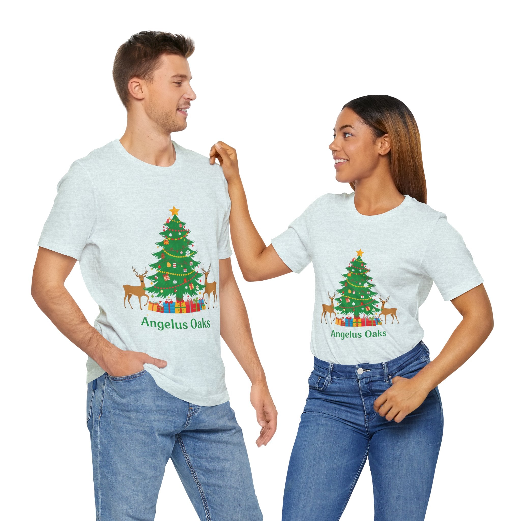 Angelus Oaks Christmas Shirt – Christmas Tree & Deer Holiday Tee | Mountain Town Christmas Shirt | Bella Canvas 3001