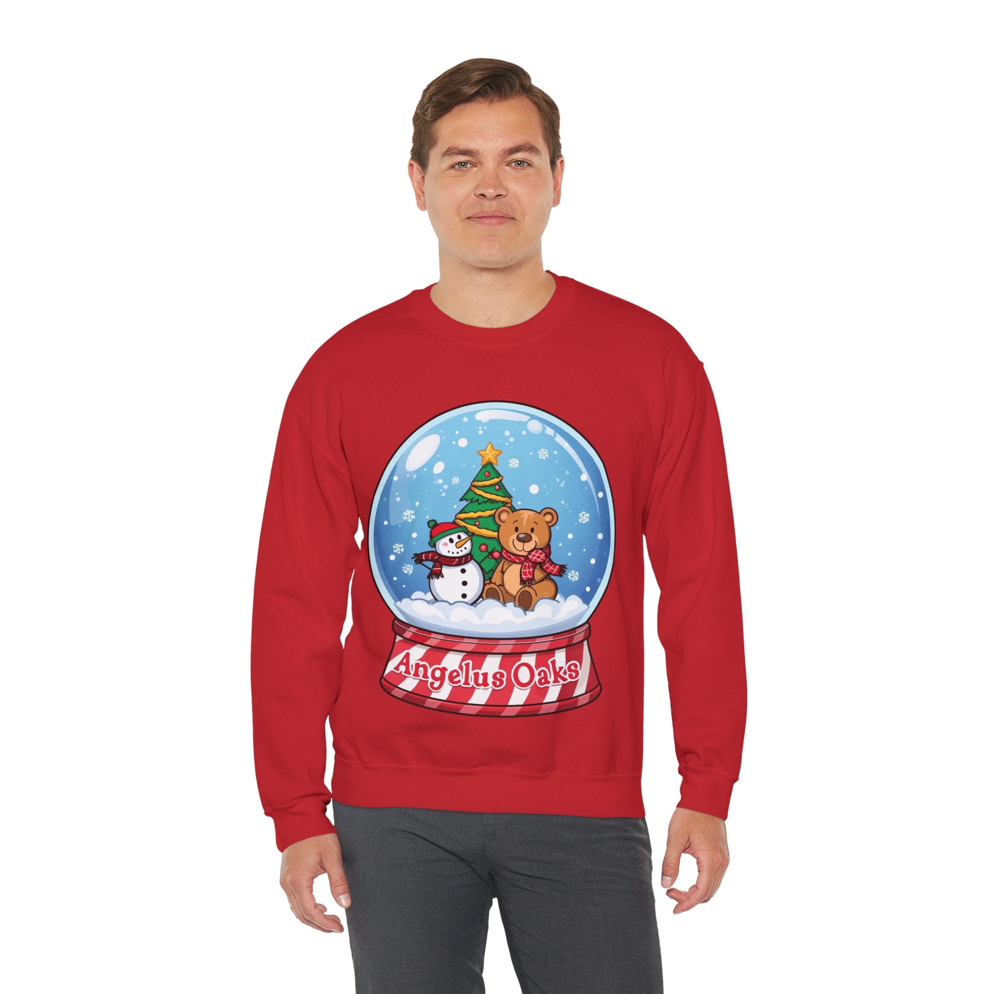 Angelus Oaks Christmas Sweatshirt – Snow Globe Bear & Snowman Crewneck | Cozy Mountain Town Holiday Sweater | Gildan 18000