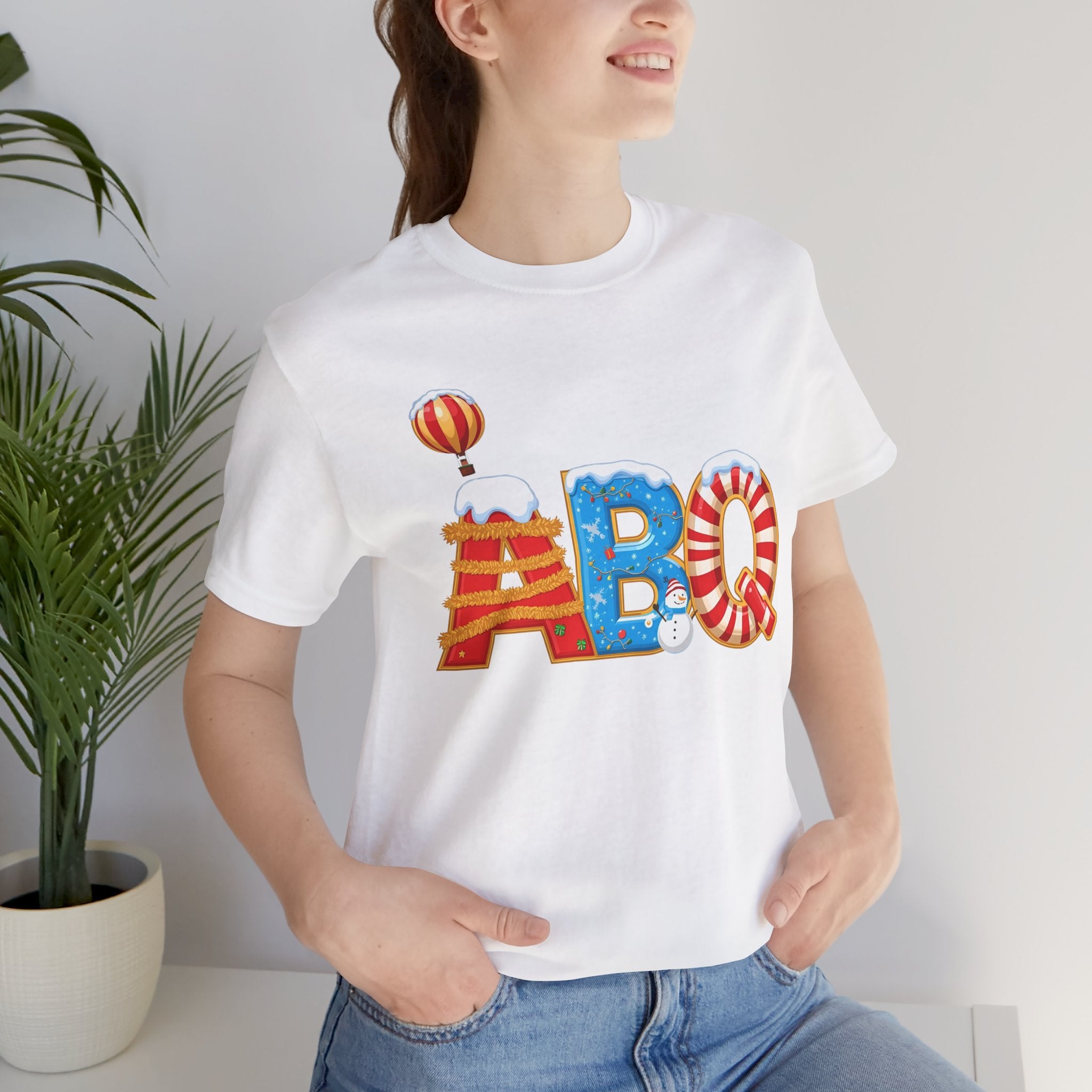 ABQ Christmas Shirt – Hot Air Balloon Candy Cane Letters Tee | Mountain Town Christmas Gift | Bella Canvas 3001