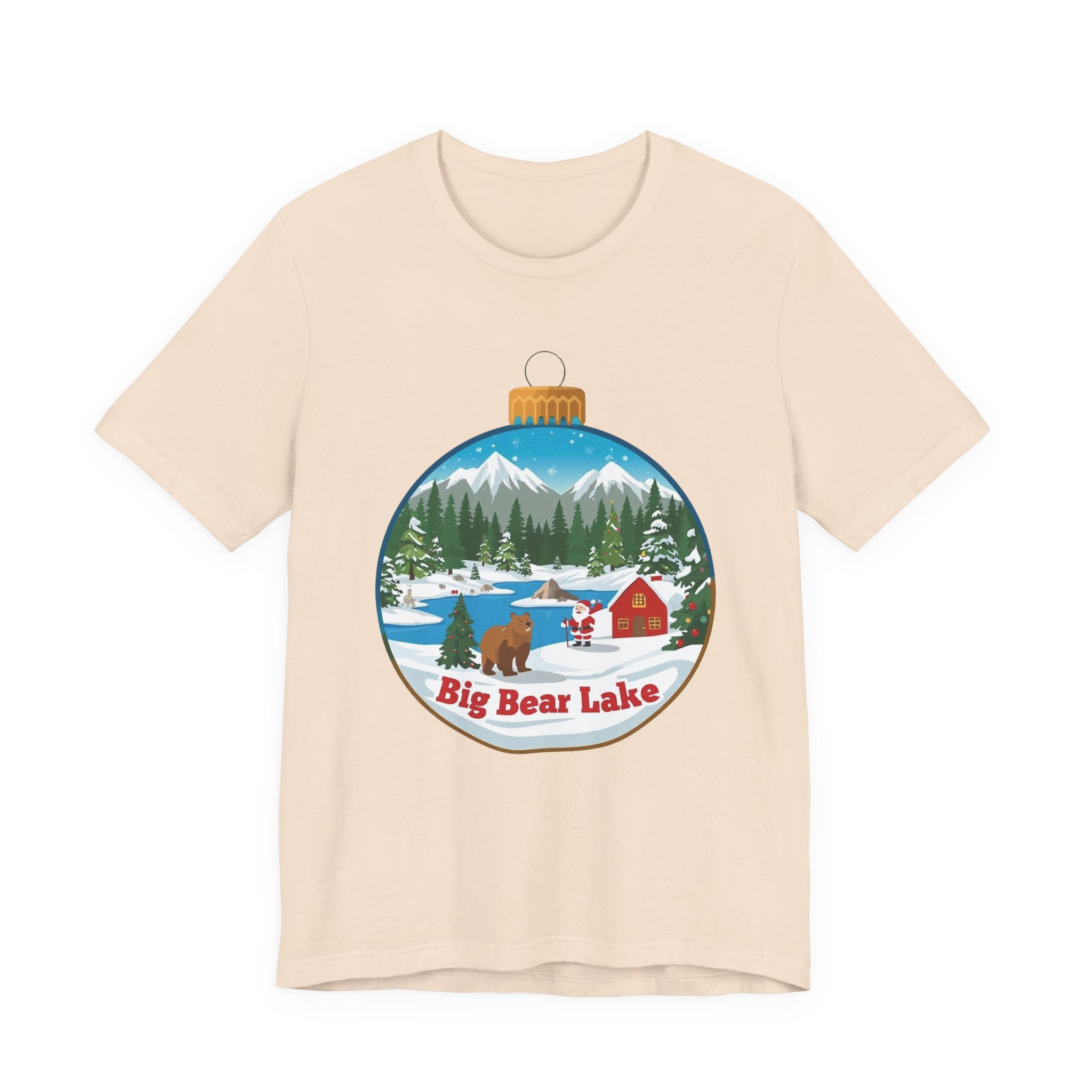 Big Bear Lake Christmas Ornament Scene T-Shirt – Santa, Cabin & Winter Mountains Tee