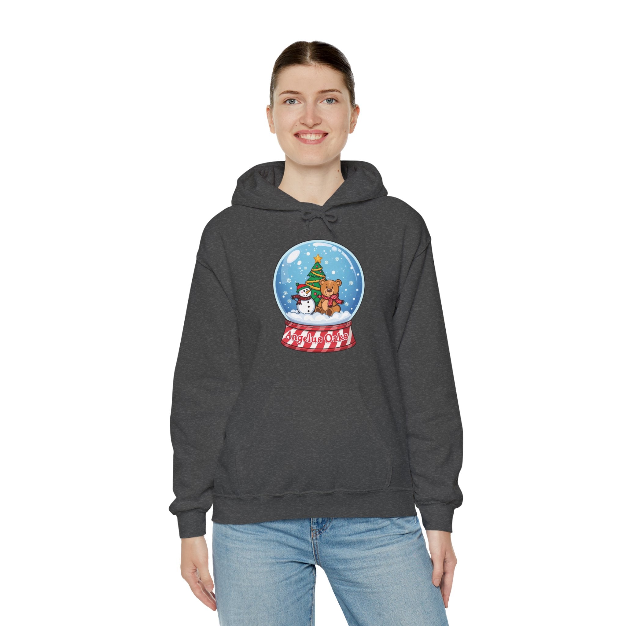 Angelus Oaks Christmas Hoodie – Snow Globe Bear & Snowman Holiday Hoodie | Cozy Mountain Town Christmas Sweater | Gildan 18500