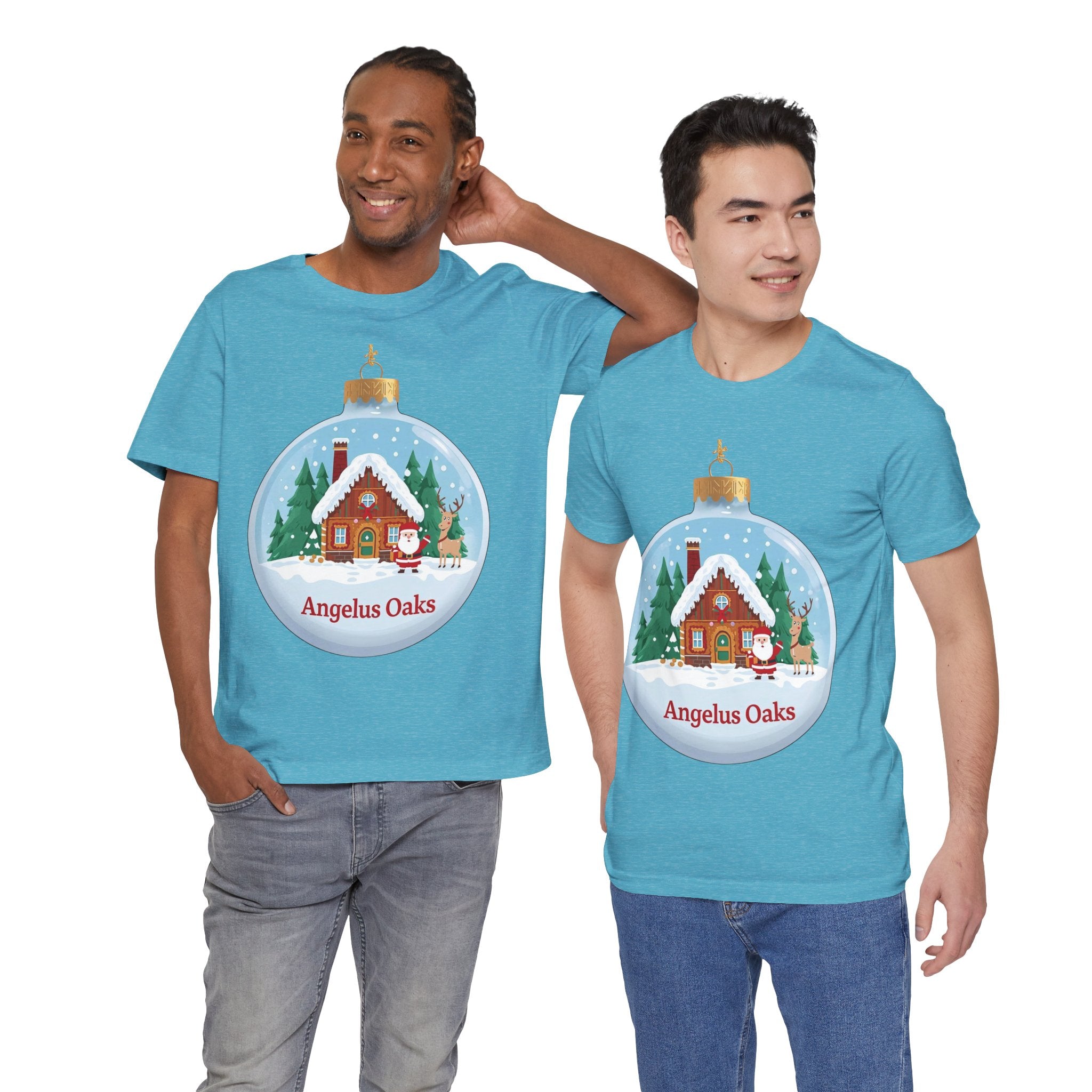 Angelus Oaks Christmas Shirt – Santa & Reindeer Cabin Ornament Tee | Mountain Town Holiday Shirt | Bella Canvas 3001