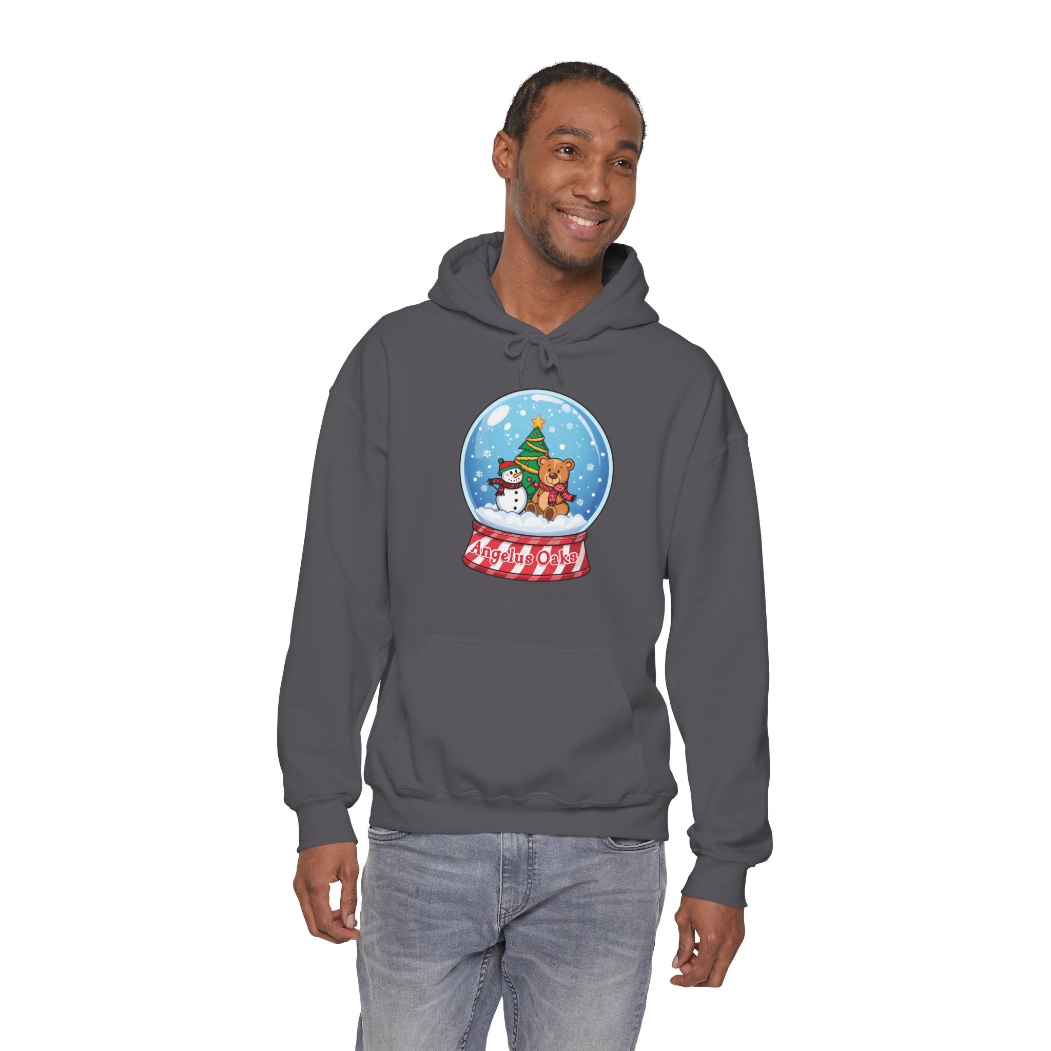 Angelus Oaks Christmas Hoodie – Snow Globe Bear & Snowman Holiday Hoodie | Cozy Mountain Town Christmas Sweater | Gildan 18500