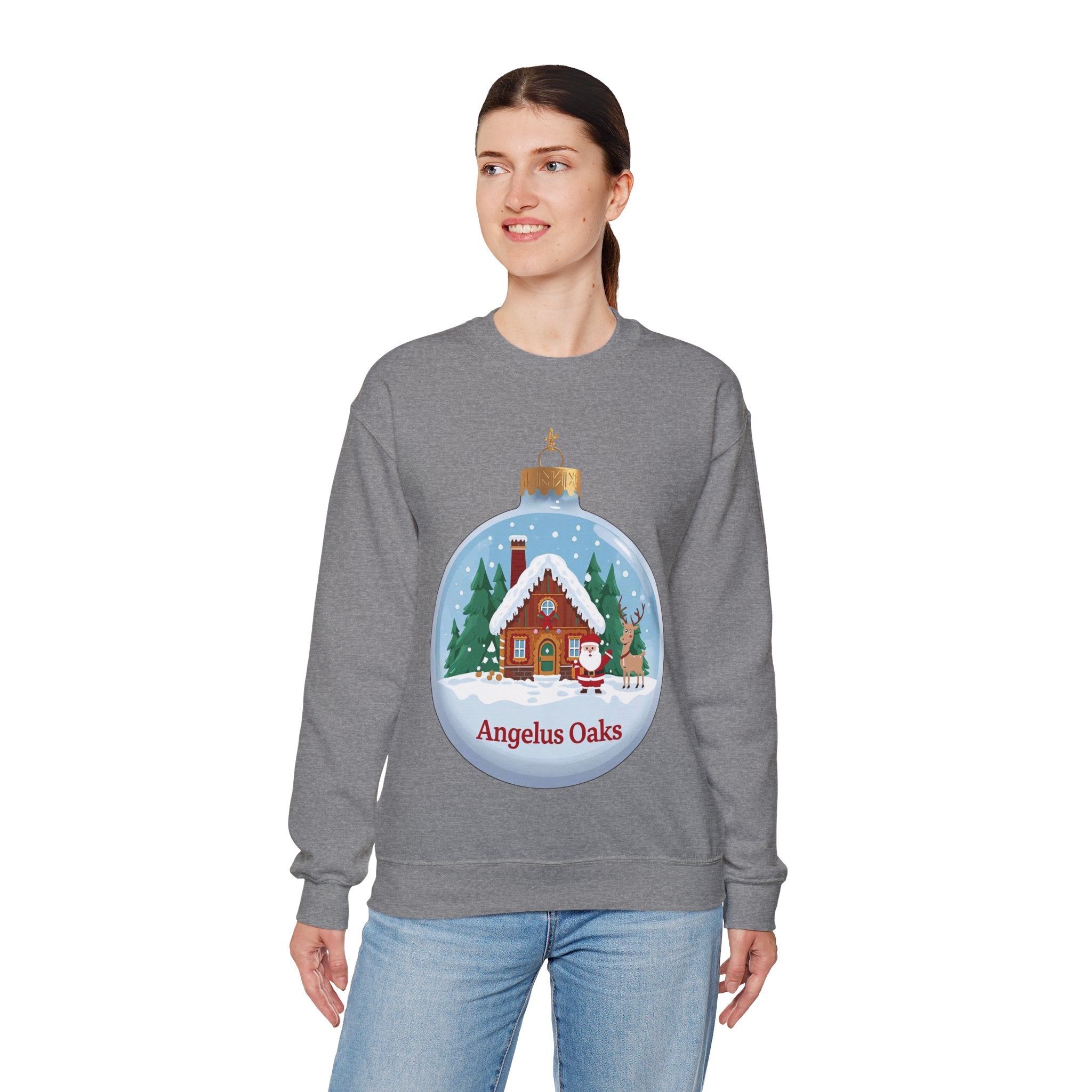 Angelus Oaks Christmas Sweatshirt – Santa & Reindeer Cabin Ornament Crewneck | Mountain Town Holiday Sweater | Gildan 18000