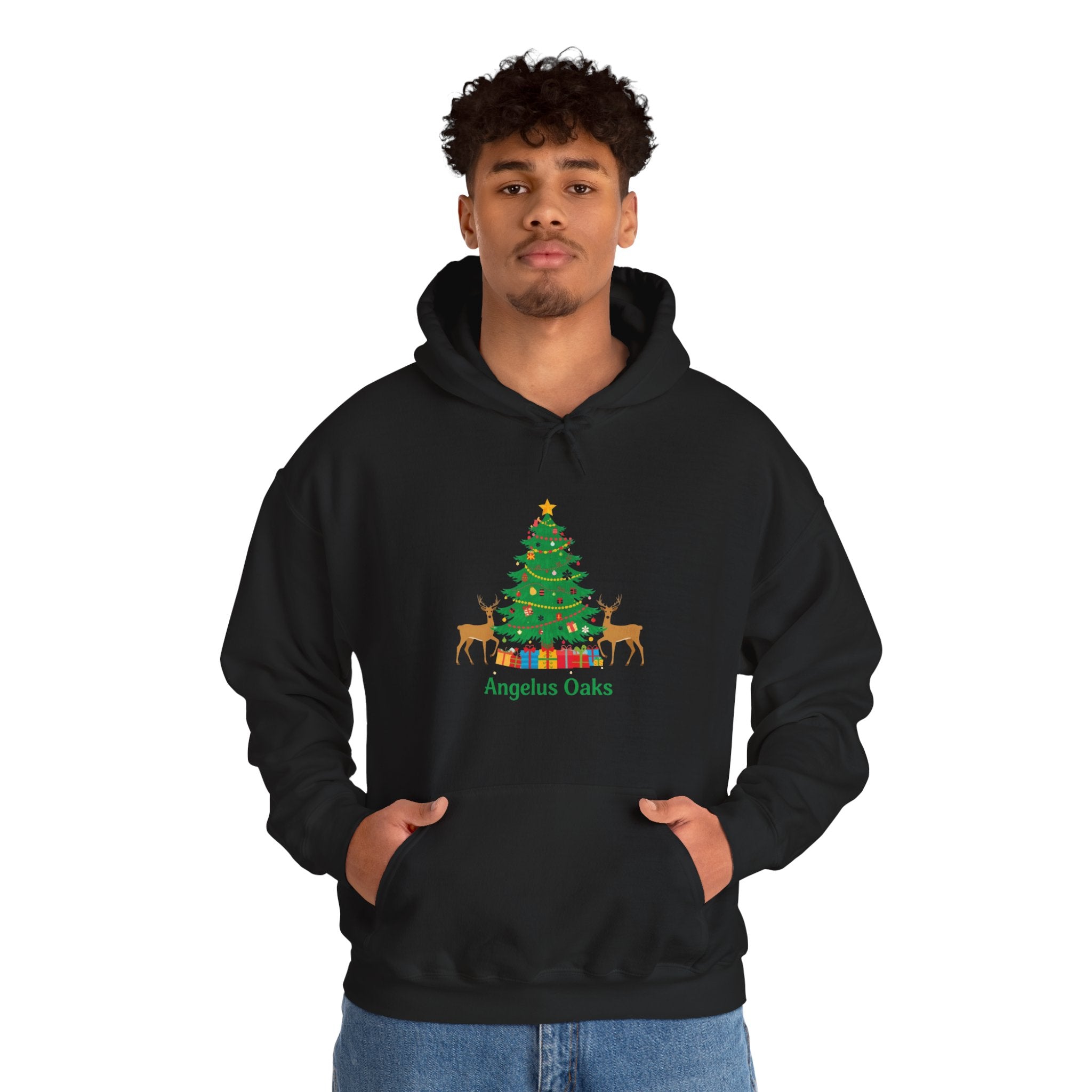 Angelus Oaks Christmas Hoodie – Christmas Tree & Deer Holiday Hoodie | Cozy Mountain Town Christmas Sweater | Gildan 18500