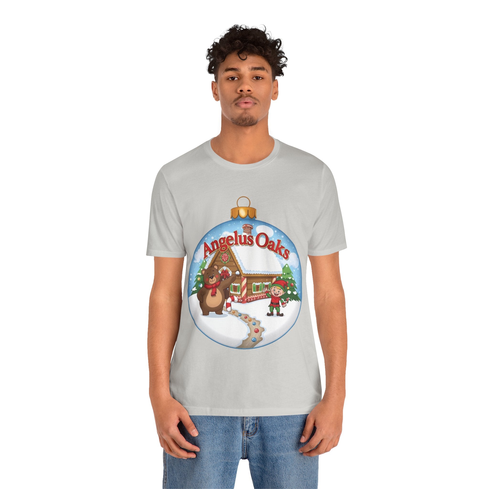 Angelus Oaks Christmas Shirt – Bear & Elf Gingerbread Holiday Tee | Cute Mountain Town Christmas Shirt | Bella Canvas 3001