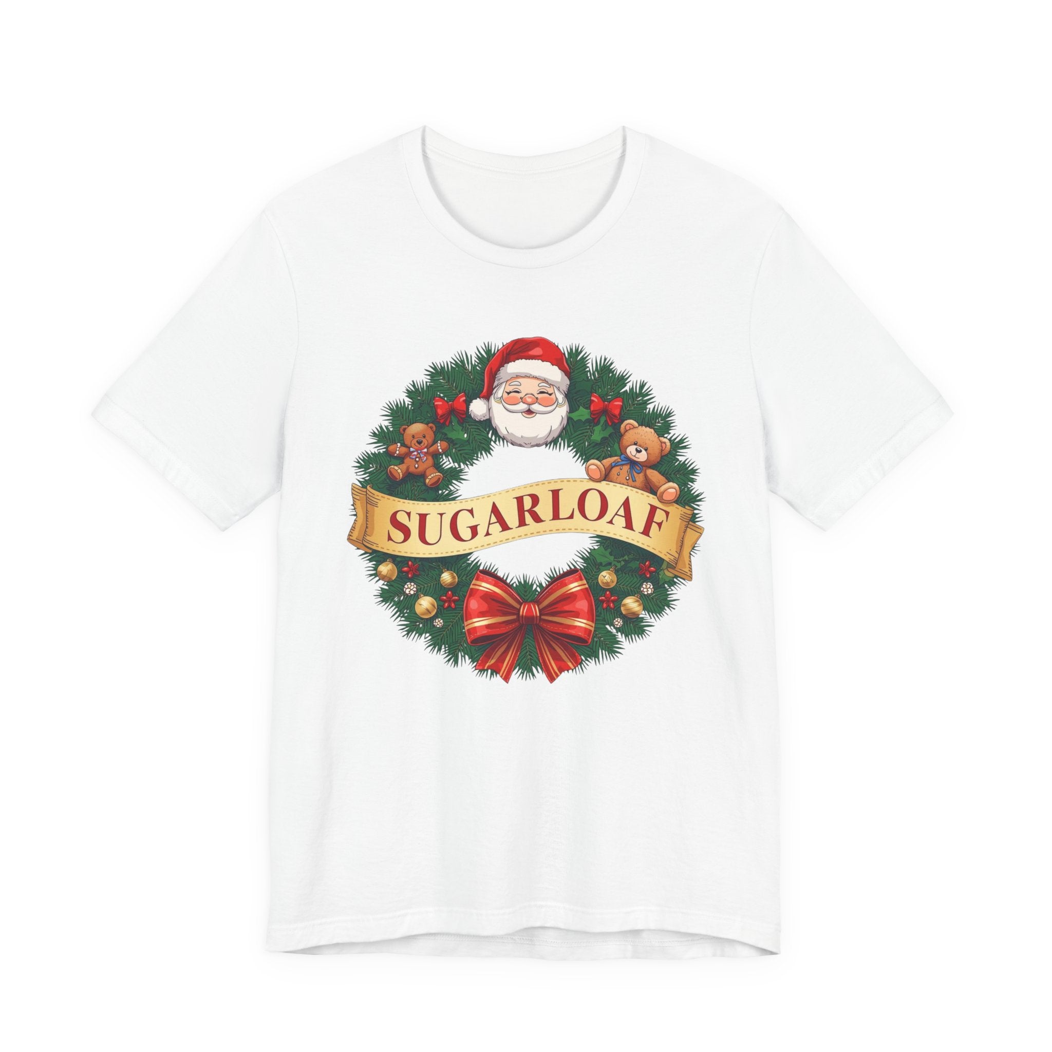 Sugarloaf Christmas Shirt – Santa & Teddy Bear Wreath Tee | Mountain Town Christmas Gift | Bella Canvas 3001
