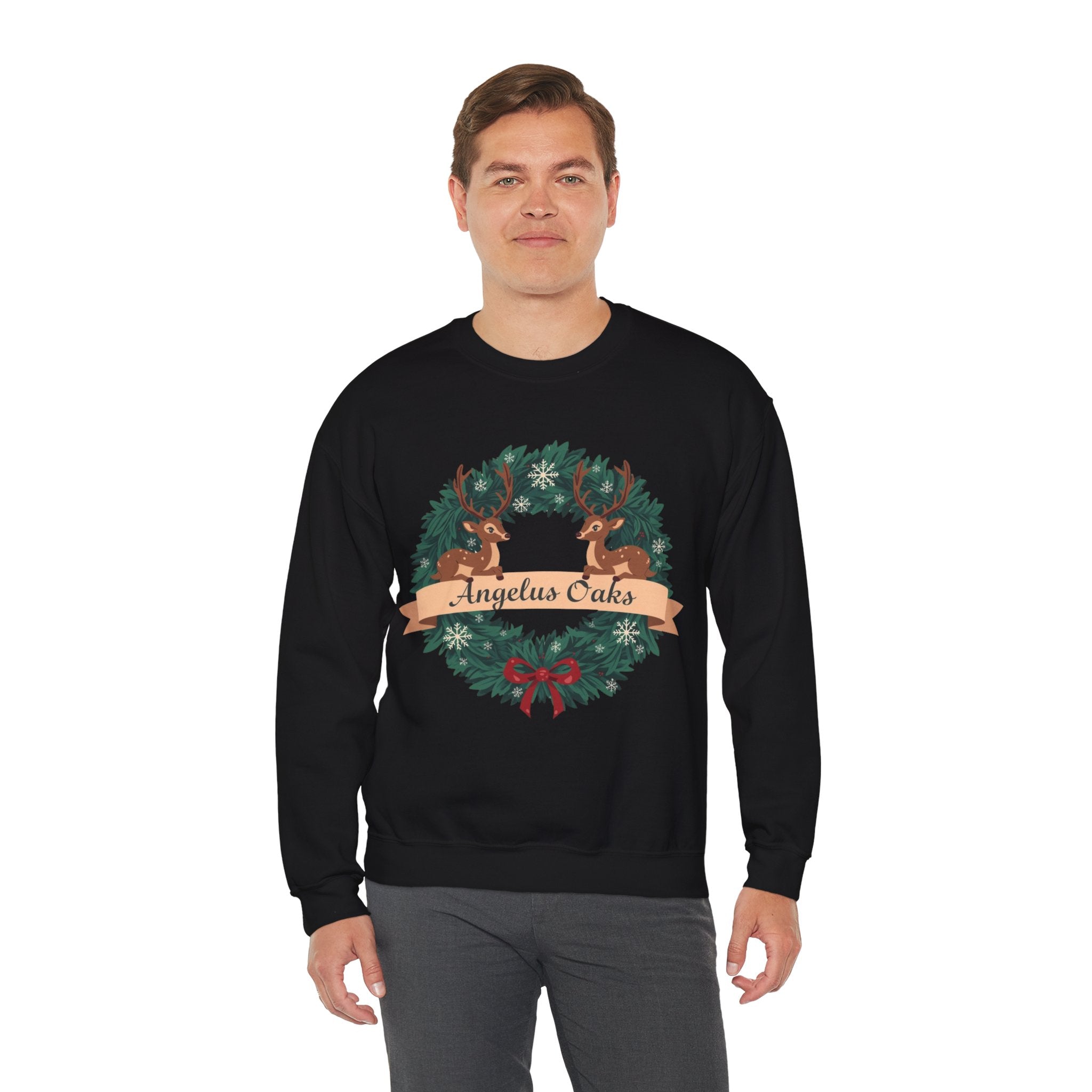 Angelus Oaks Christmas Sweatshirt – Deer Wreath Holiday Crewneck | Cozy Mountain Town Christmas Sweater | Gildan 18000