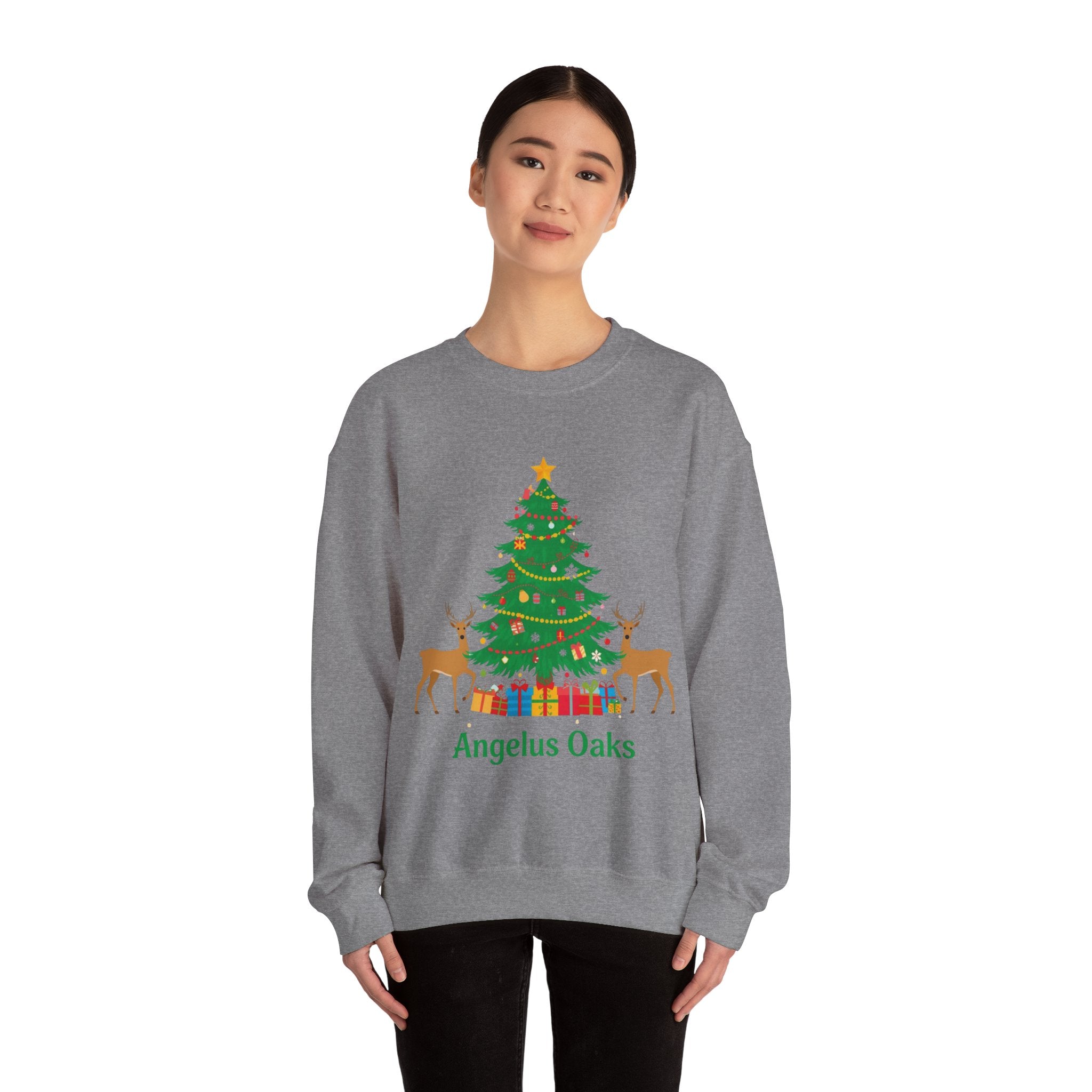 Angelus Oaks Christmas Sweatshirt – Christmas Tree & Deer Holiday Crewneck | Mountain Town Christmas Sweater | Gildan 18000