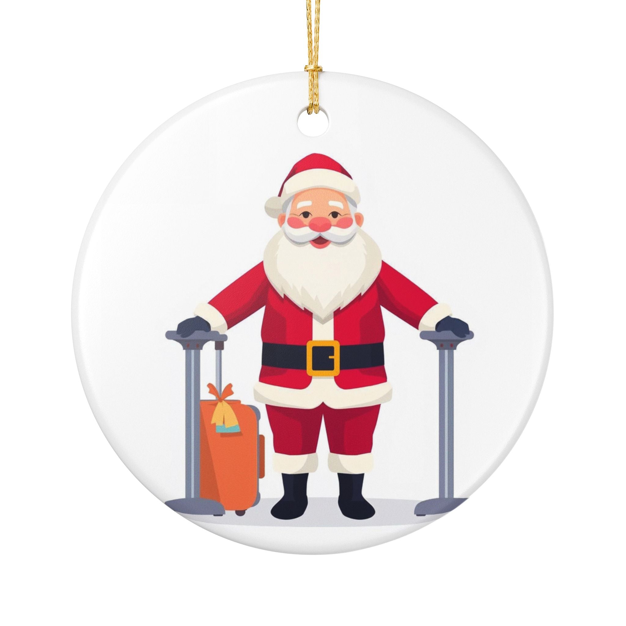 Santa Traveling Ornament – Festive Holiday Airport Art | Holiday Travel Gift | Ceramic Ornament
