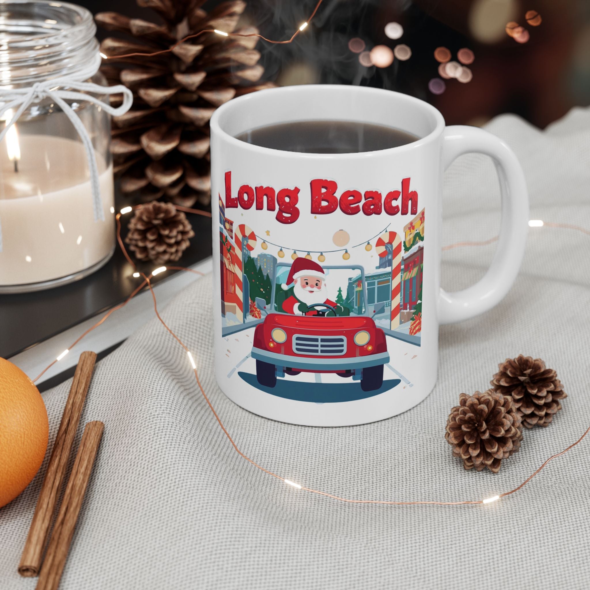 Long Beach Christmas Santa Car Mug – Cute Holiday Coffee Cup | Santa Driving Design | California Christmas Gift (11oz/15oz)