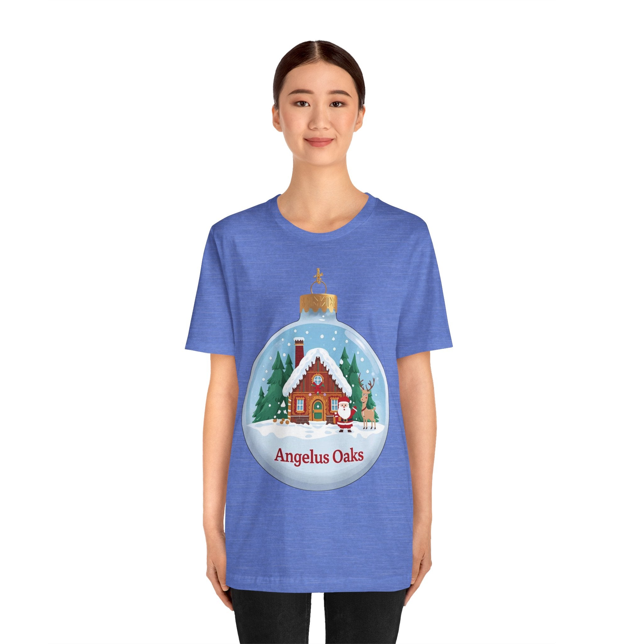 Angelus Oaks Christmas Shirt – Santa & Reindeer Cabin Ornament Tee | Mountain Town Holiday Shirt | Bella Canvas 3001