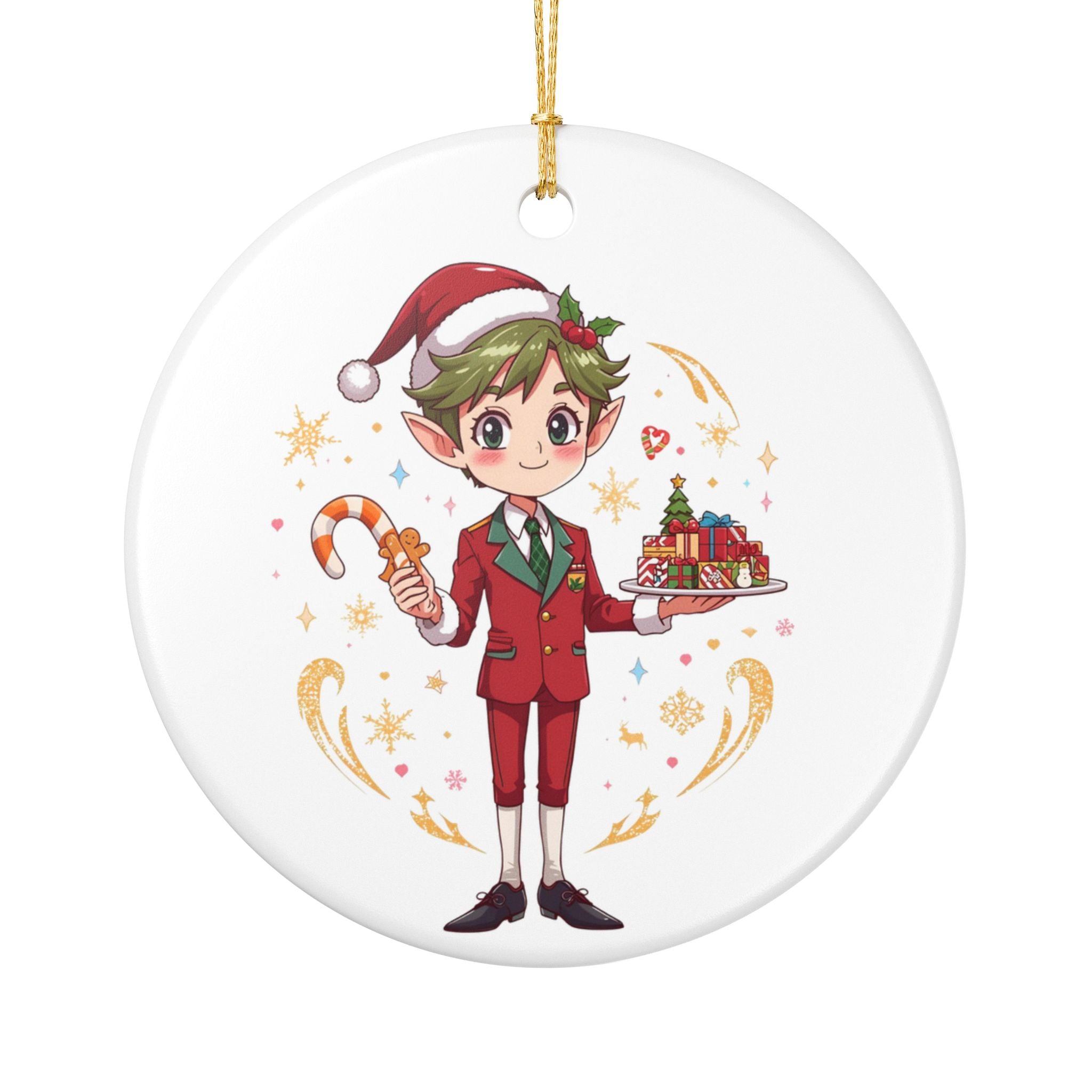 Cute Elf Christmas Ornament - Ceramic Holiday Tree Decoration with Candy Cane and Gift Tray