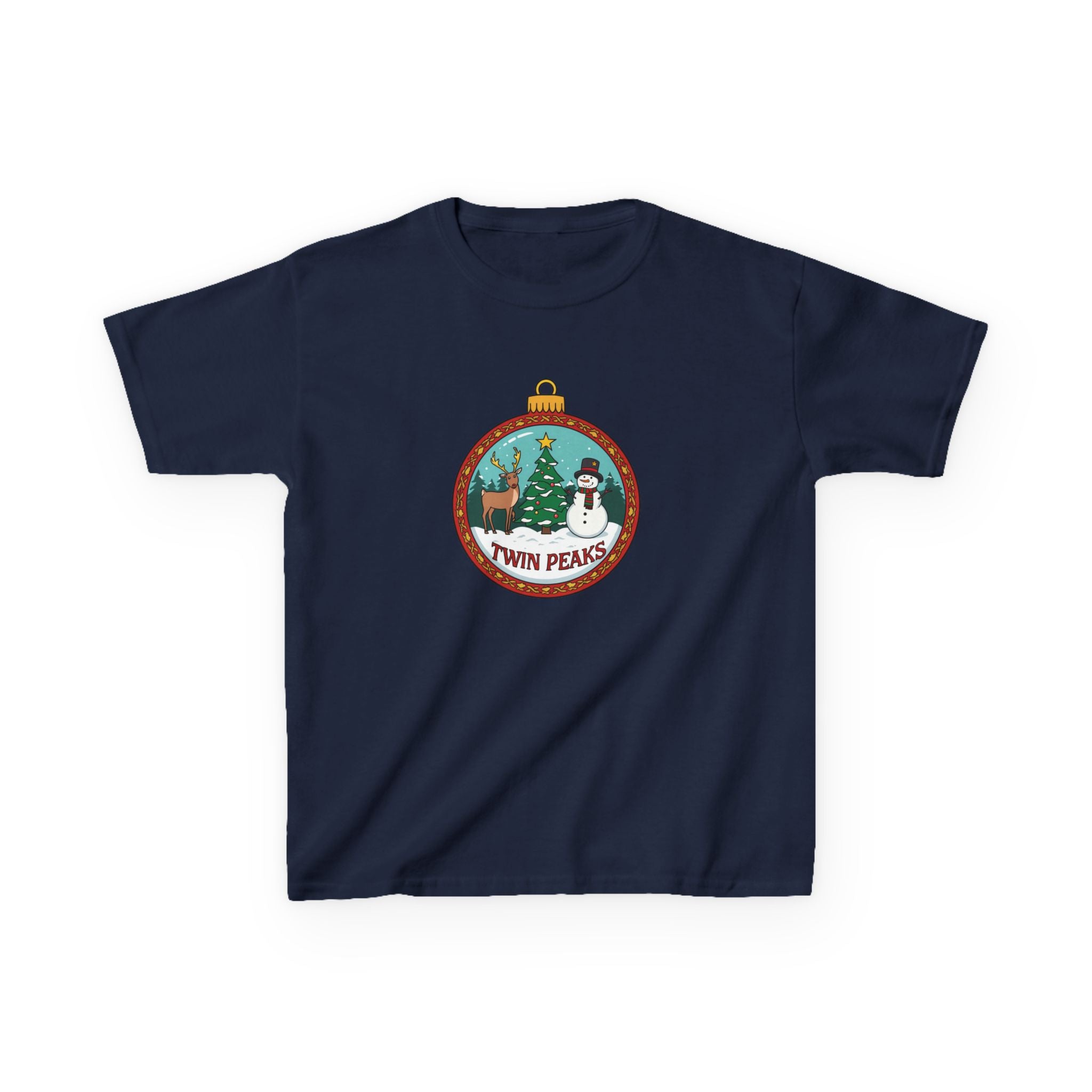 Twin Peaks Christmas Shirt – Snowman & Deer Ornament Scene Tee | Mountain Town Christmas Gift | Gildan 5000B