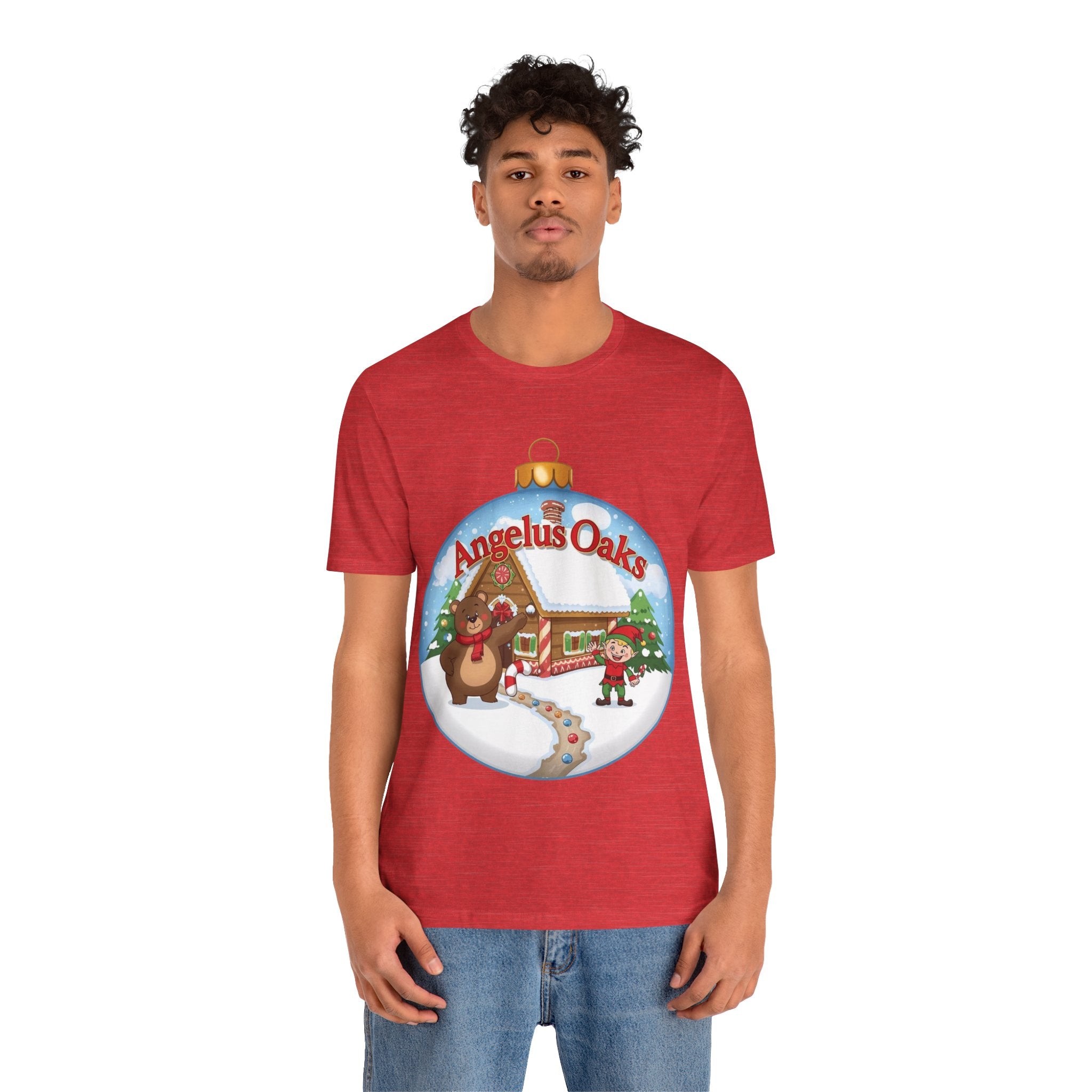Angelus Oaks Christmas Shirt – Bear & Elf Gingerbread Holiday Tee | Cute Mountain Town Christmas Shirt | Bella Canvas 3001