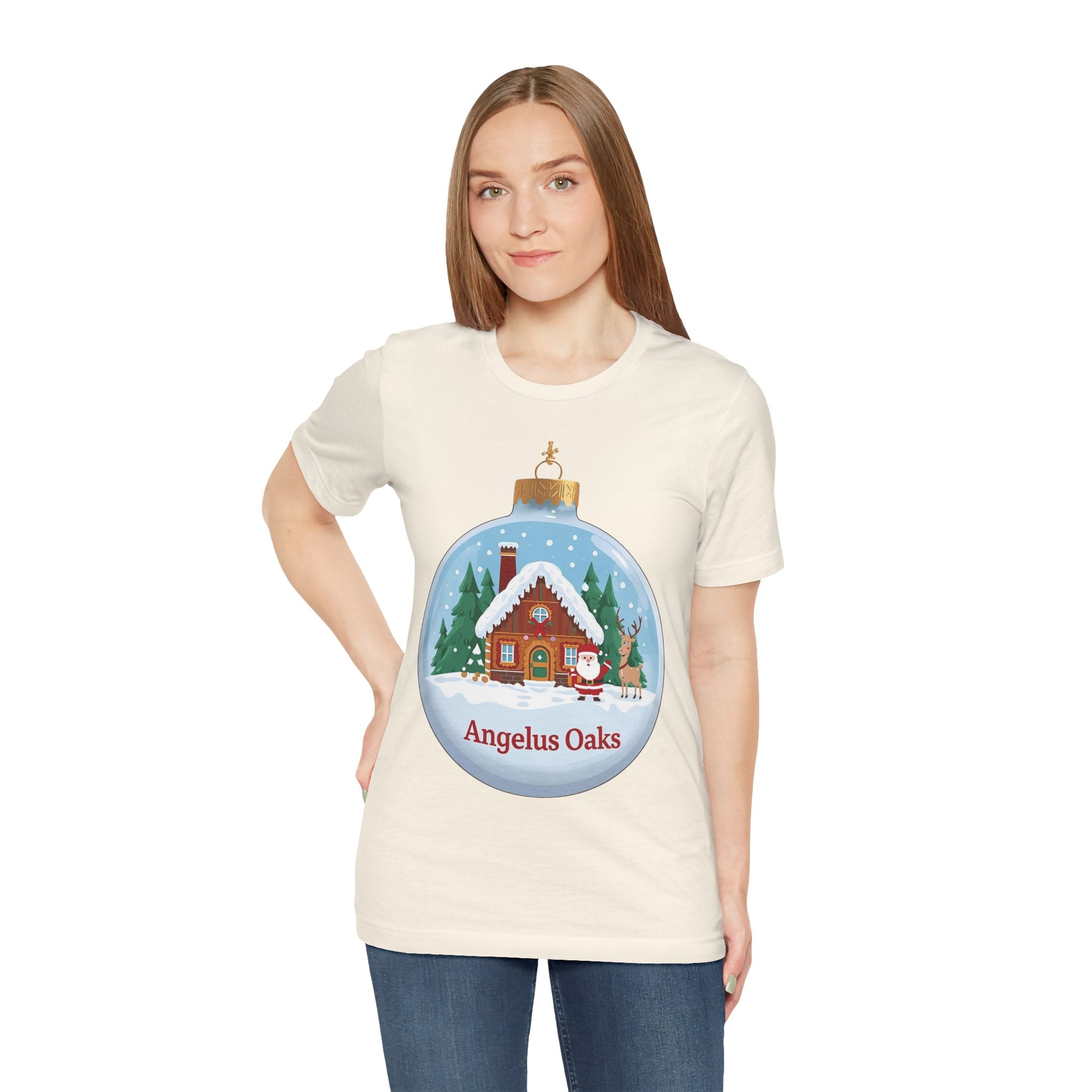 Angelus Oaks Christmas Shirt – Santa & Reindeer Cabin Ornament Tee | Mountain Town Holiday Shirt | Bella Canvas 3001
