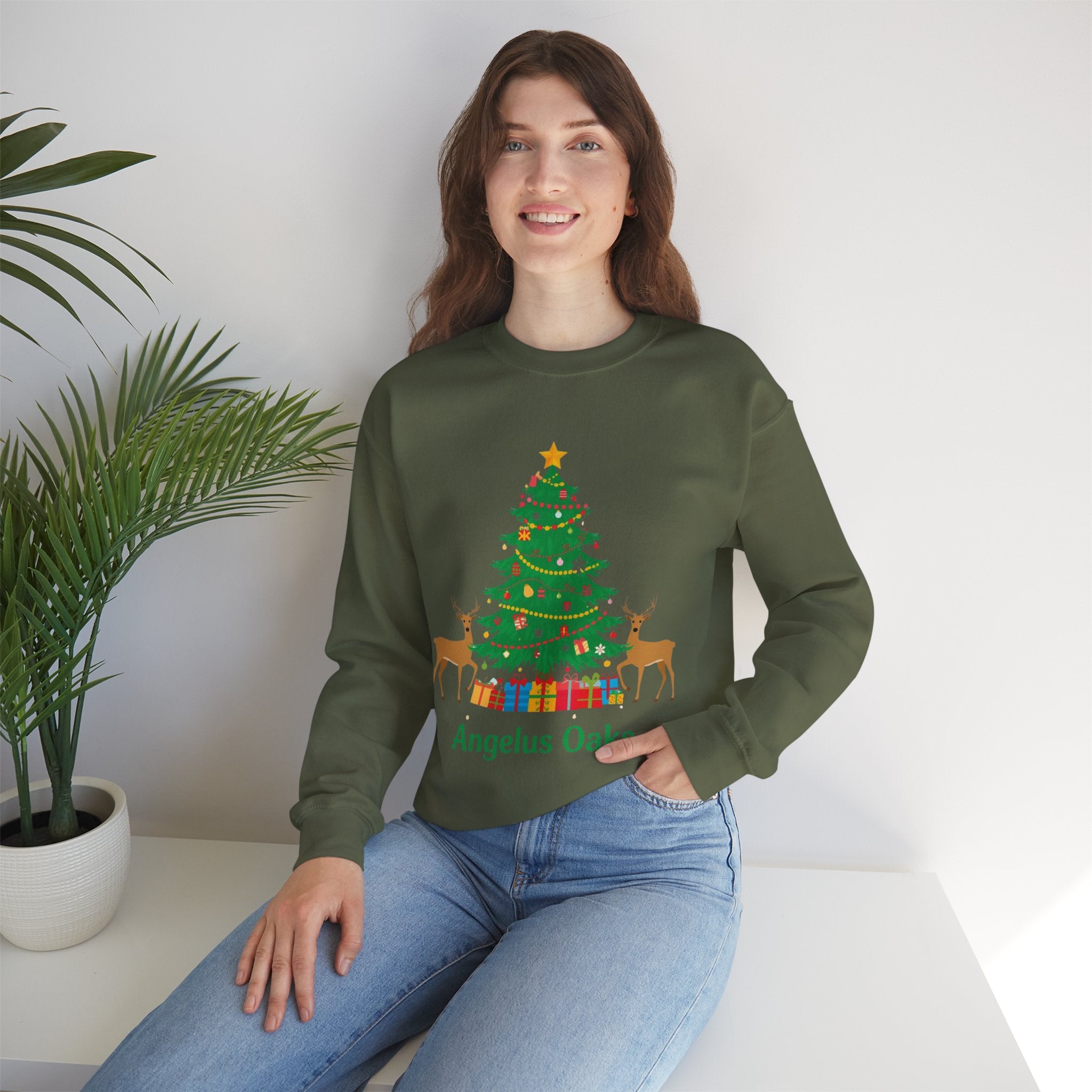 Angelus Oaks Christmas Sweatshirt – Christmas Tree & Deer Holiday Crewneck | Mountain Town Christmas Sweater | Gildan 18000