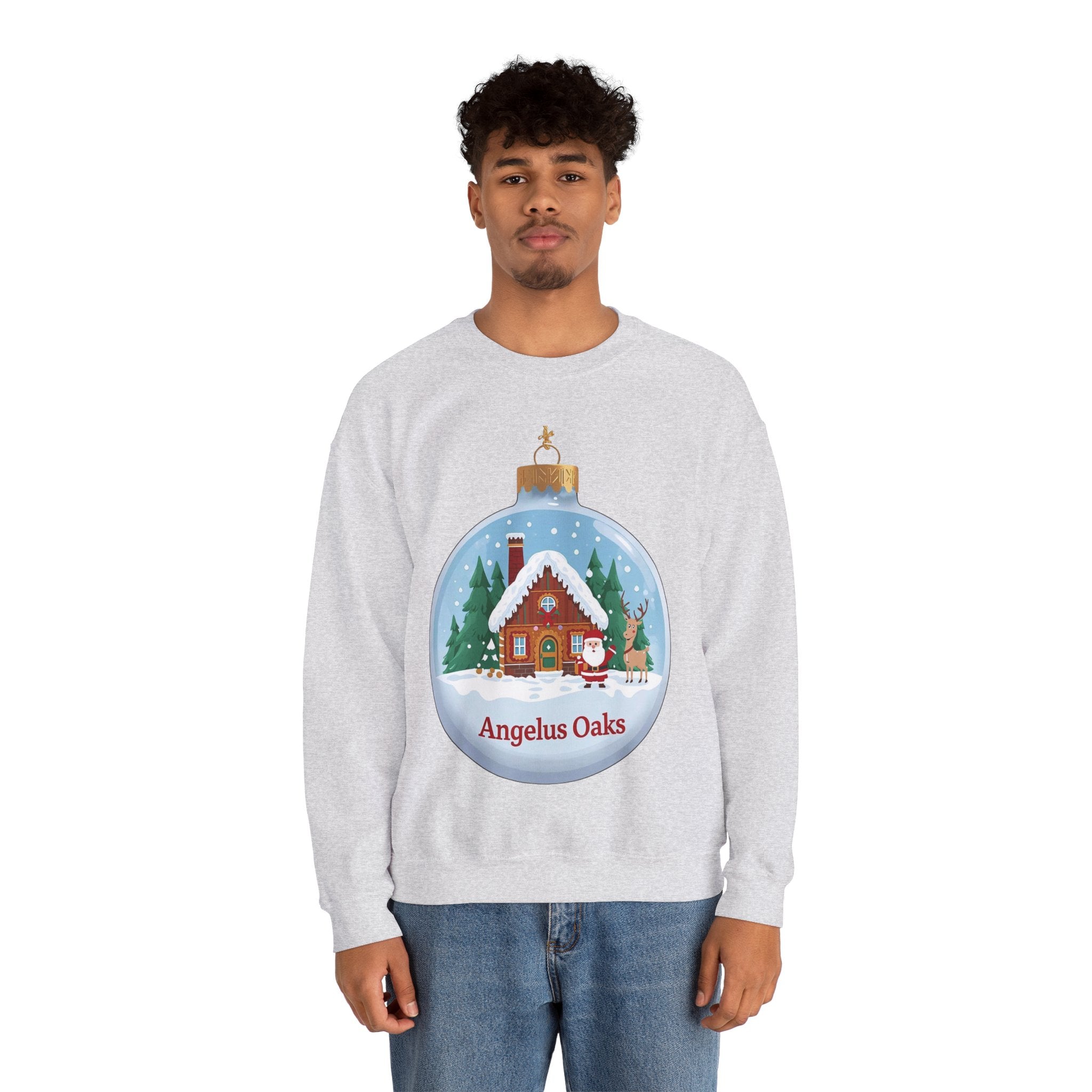Angelus Oaks Christmas Sweatshirt – Santa & Reindeer Cabin Ornament Crewneck | Mountain Town Holiday Sweater | Gildan 18000