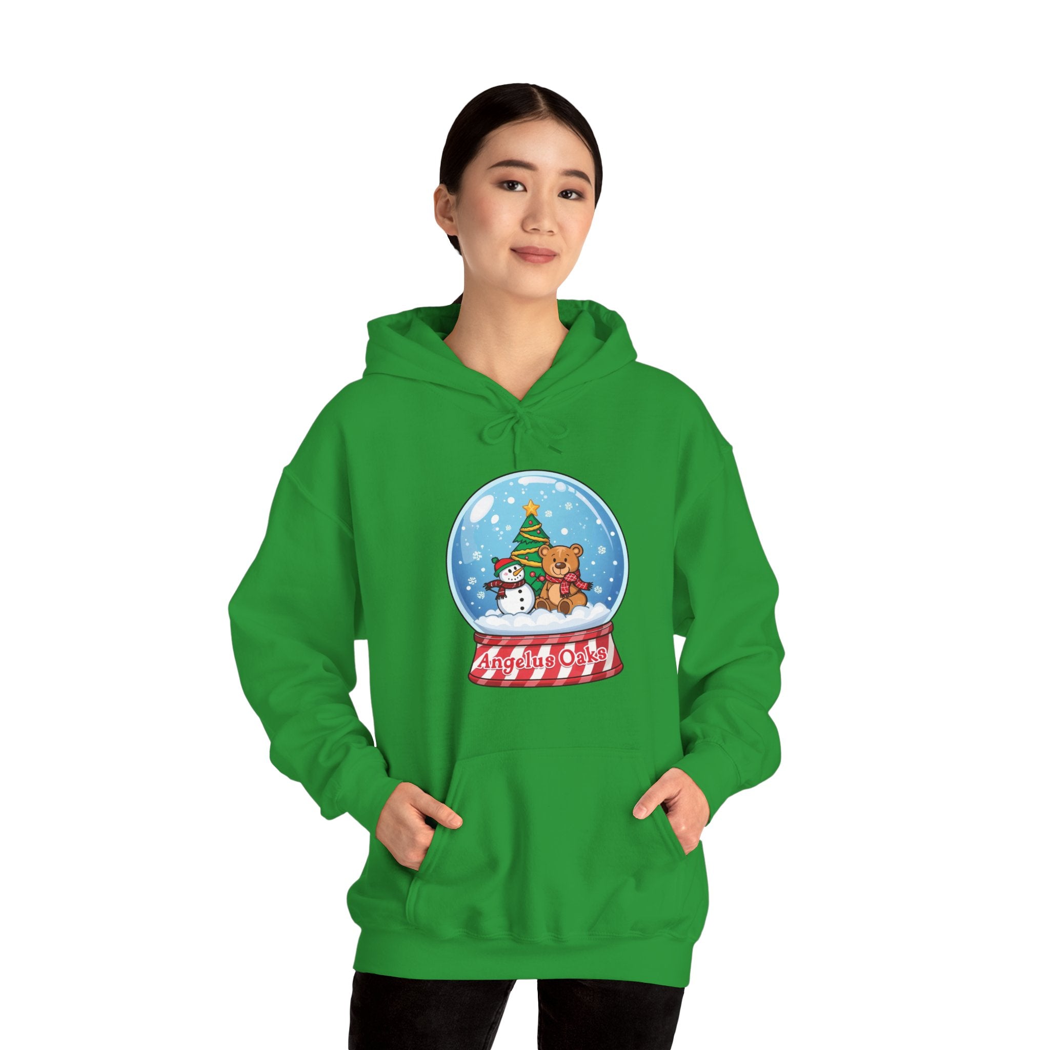 Angelus Oaks Christmas Hoodie – Snow Globe Bear & Snowman Holiday Hoodie | Cozy Mountain Town Christmas Sweater | Gildan 18500