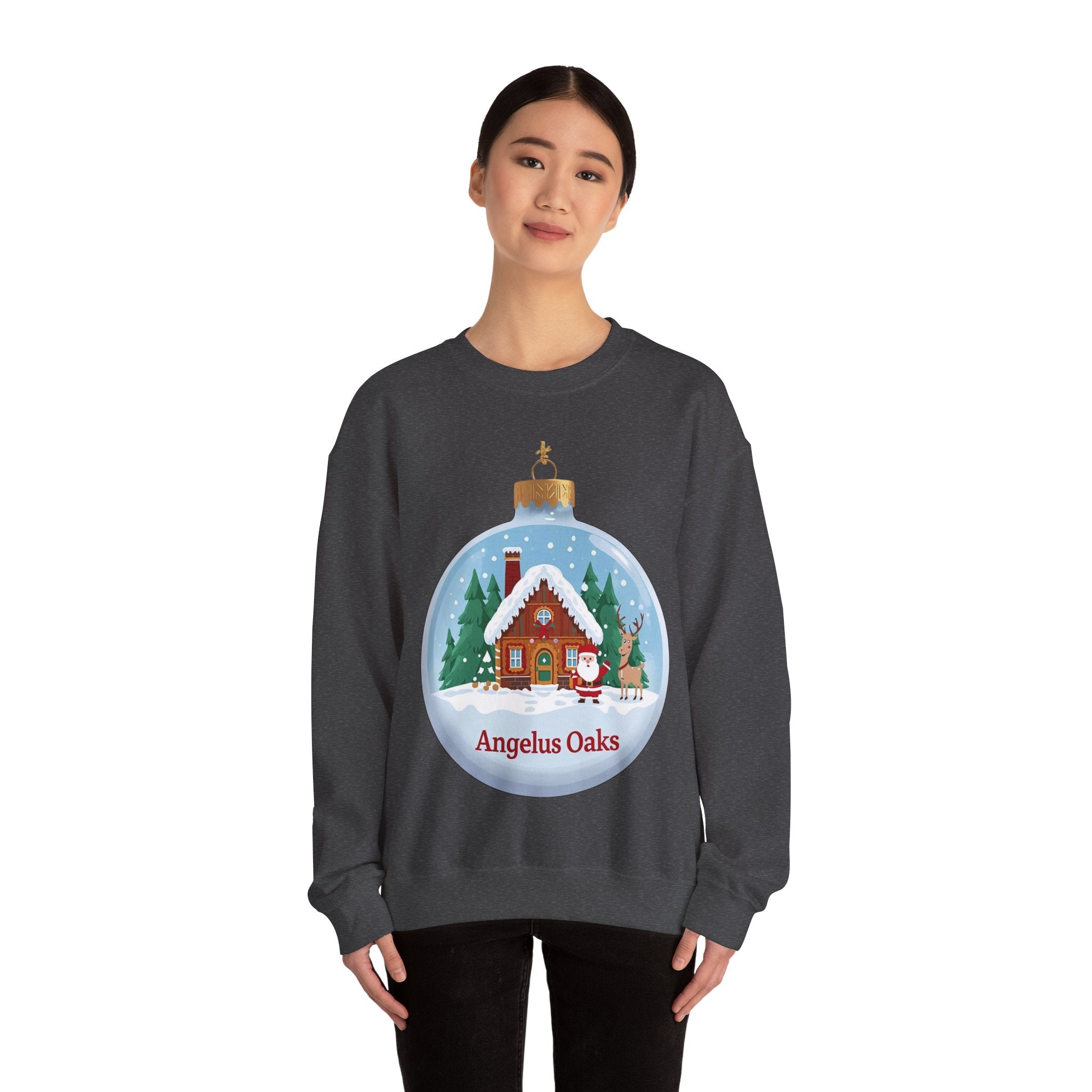 Angelus Oaks Christmas Sweatshirt – Santa & Reindeer Cabin Ornament Crewneck | Mountain Town Holiday Sweater | Gildan 18000