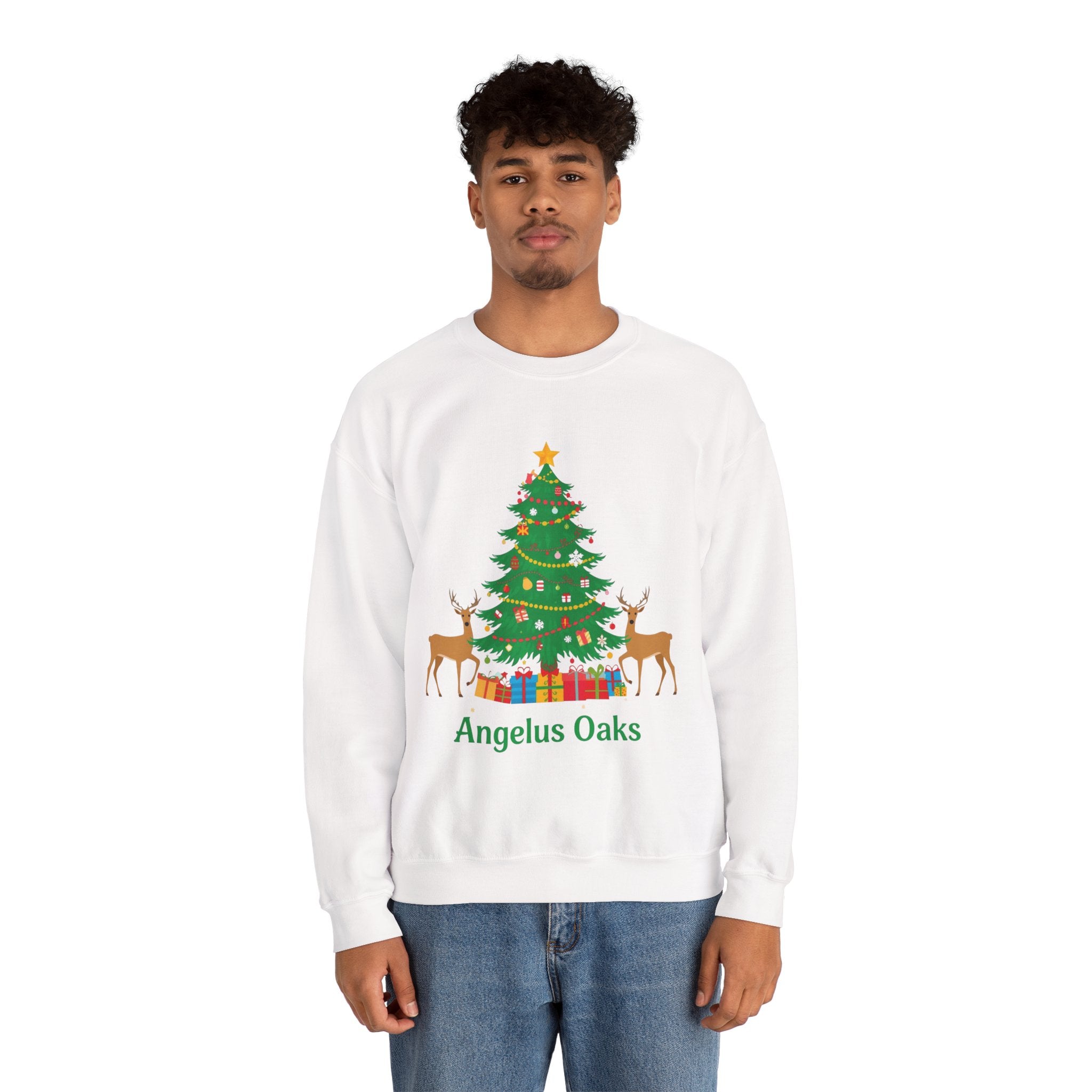 Angelus Oaks Christmas Sweatshirt – Christmas Tree & Deer Holiday Crewneck | Mountain Town Christmas Sweater | Gildan 18000