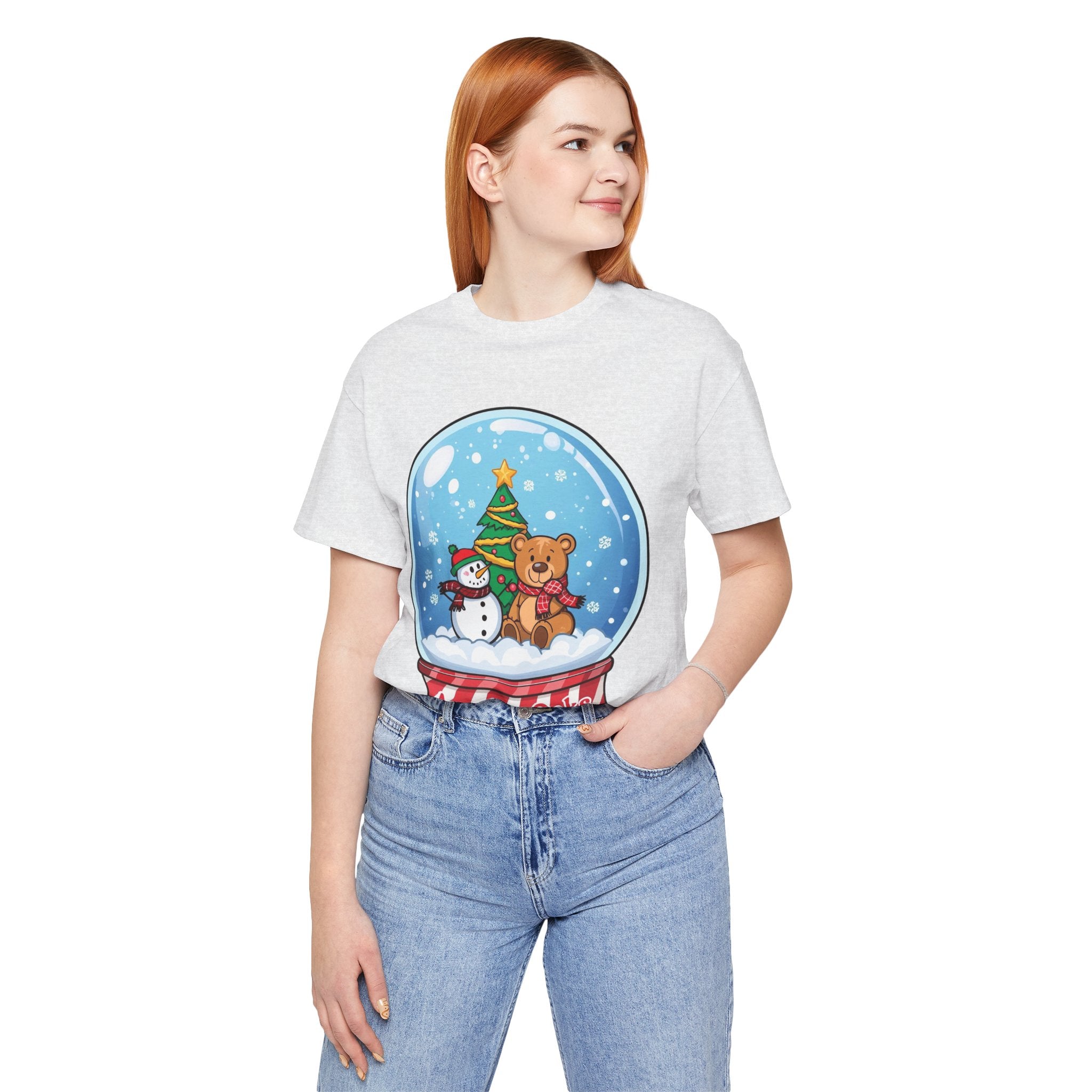 Angelus Oaks Christmas Shirt – Snow Globe Bear & Snowman Holiday Tee | Cute Mountain Town Christmas Shirt | Bella Canvas 3001